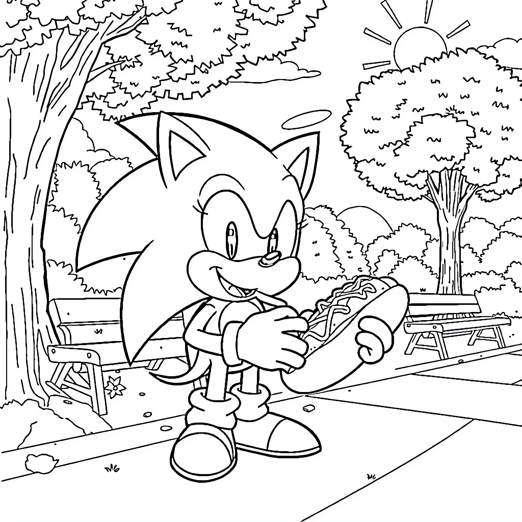 Sonic Relaxing in a Serene Park Coloring Page (free black-and-white line drawing printable PDF for all, from beginners to advanced learners, including children, teens, adults, and seniors)