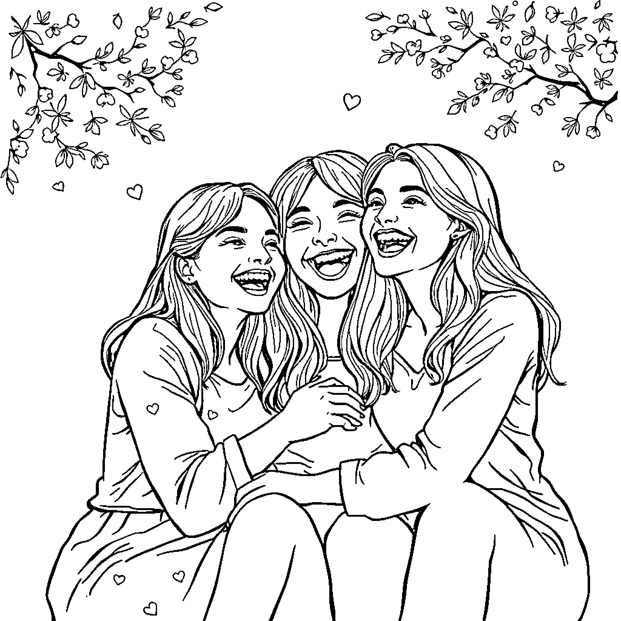 Moment of Joyful Friendship Under Blossoms Coloring Page (free black-and-white line drawing printable PDF for all, from beginners to advanced learners, including children, teens, adults, and seniors)