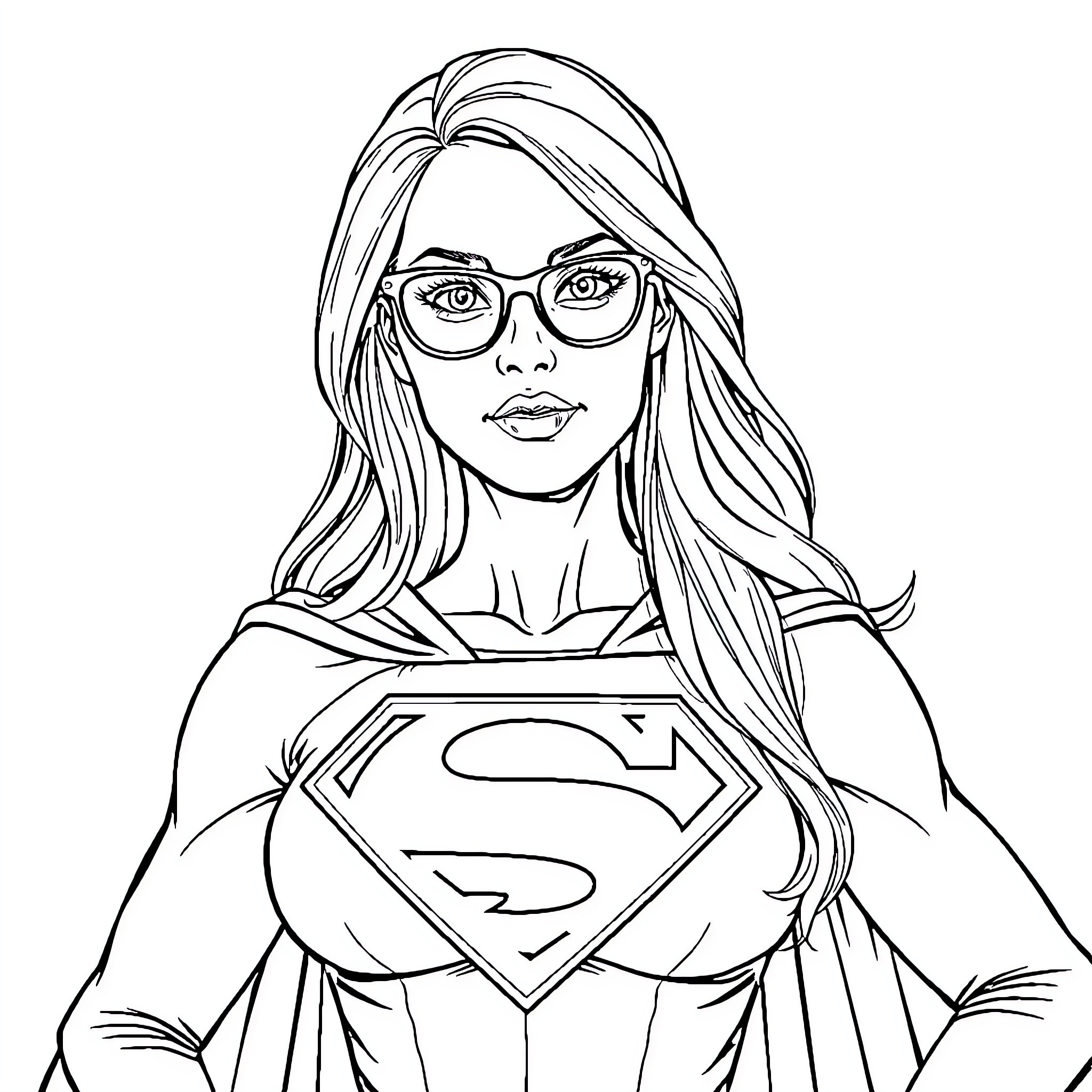 Woman in Superhero Costume with Eyeglasses Coloring Page (free black-and-white line drawing printable PDF for all, from beginners to advanced learners, including children, teens, adults, and seniors)