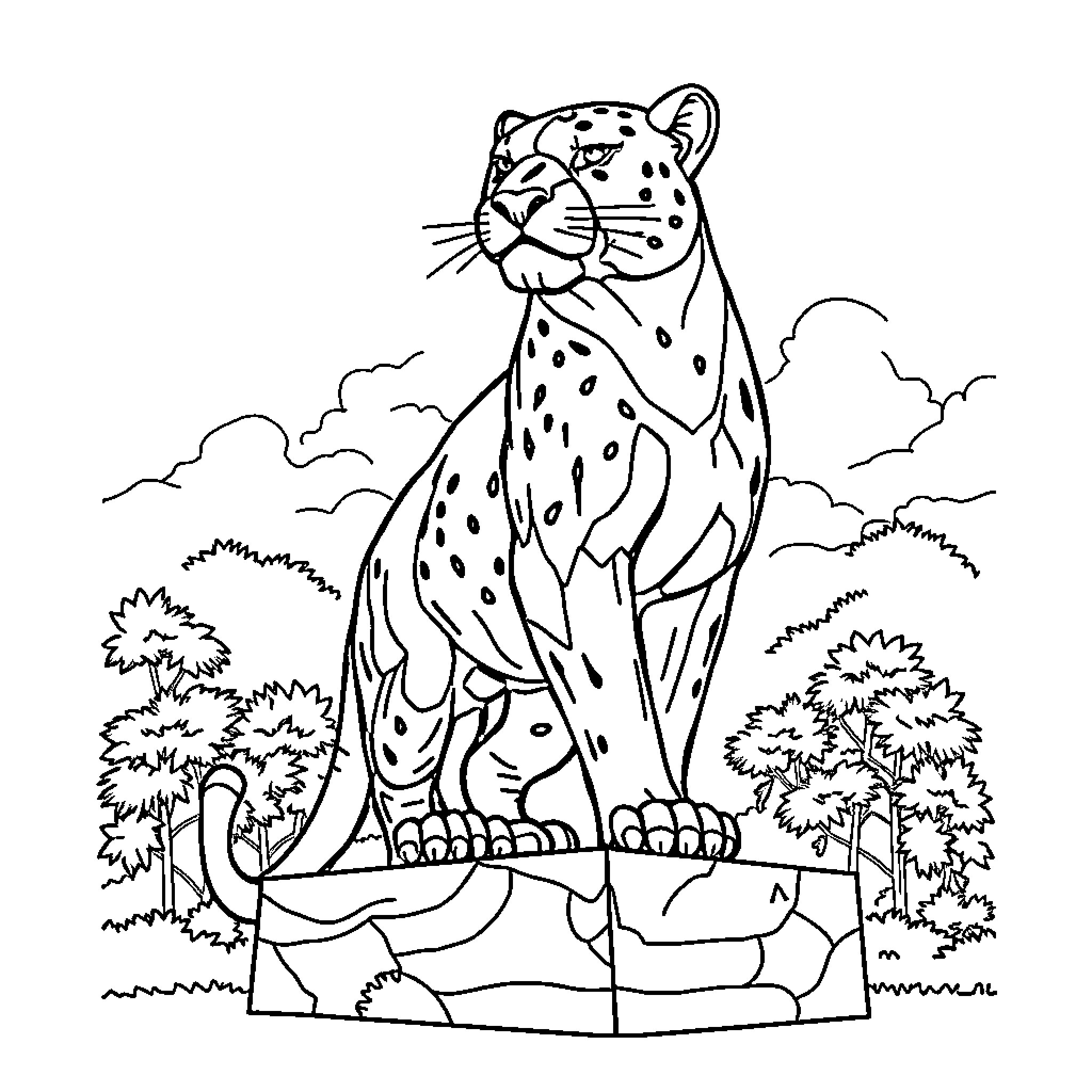 Panther prowling through the wilderness Coloring Page (free black-and-white line drawing printable PDF for all, from beginners to advanced learners, including children, teens, adults, and seniors)