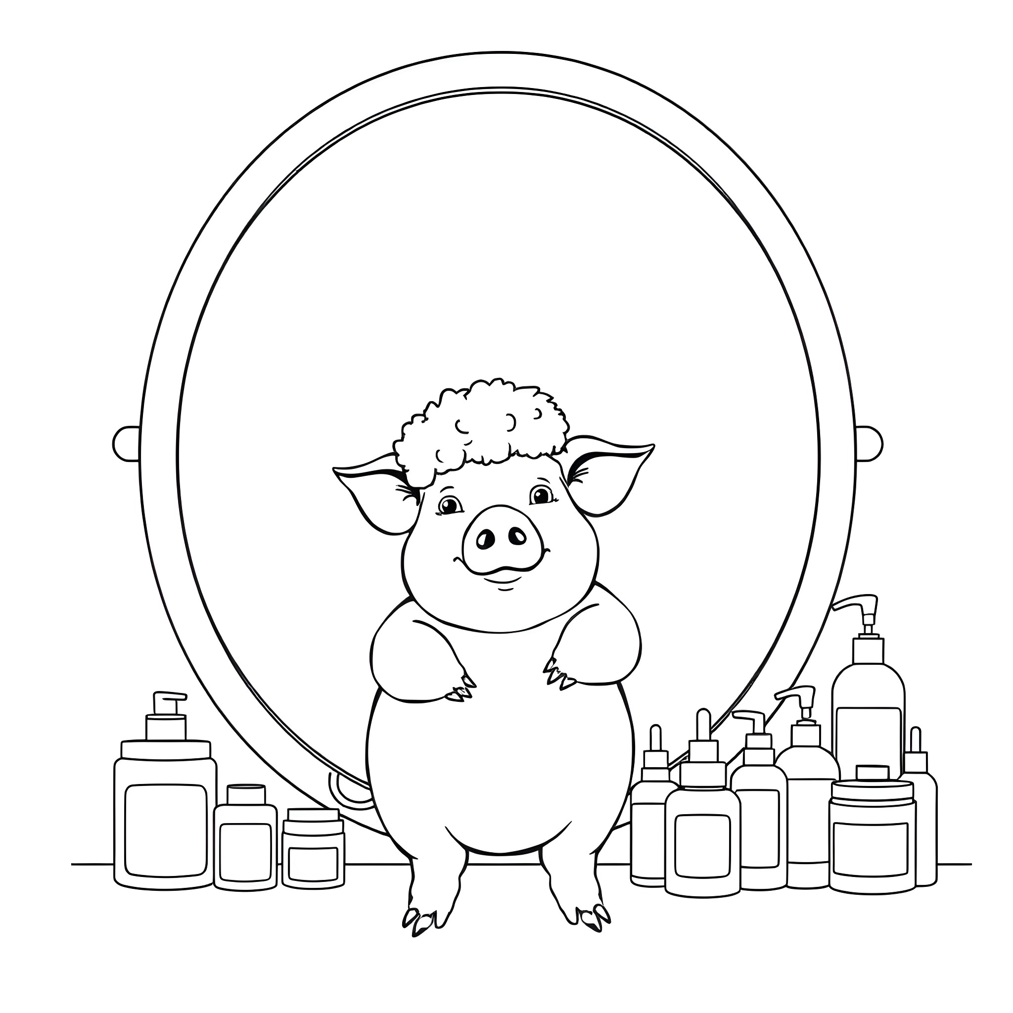 Pig posing in front of mirror with beauty products Coloring Page (free black-and-white line drawing printable PDF for all, from beginners to advanced learners, including children, teens, adults, and seniors)