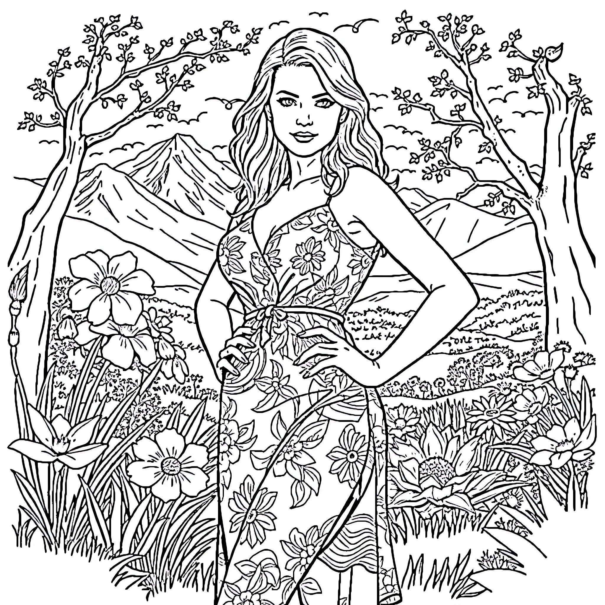 Olivia Dunne in a Floral Dress Amid Nature's Beauty Coloring Page (free black-and-white line drawing printable PDF for all, from beginners to advanced learners, including children, teens, adults, and seniors)