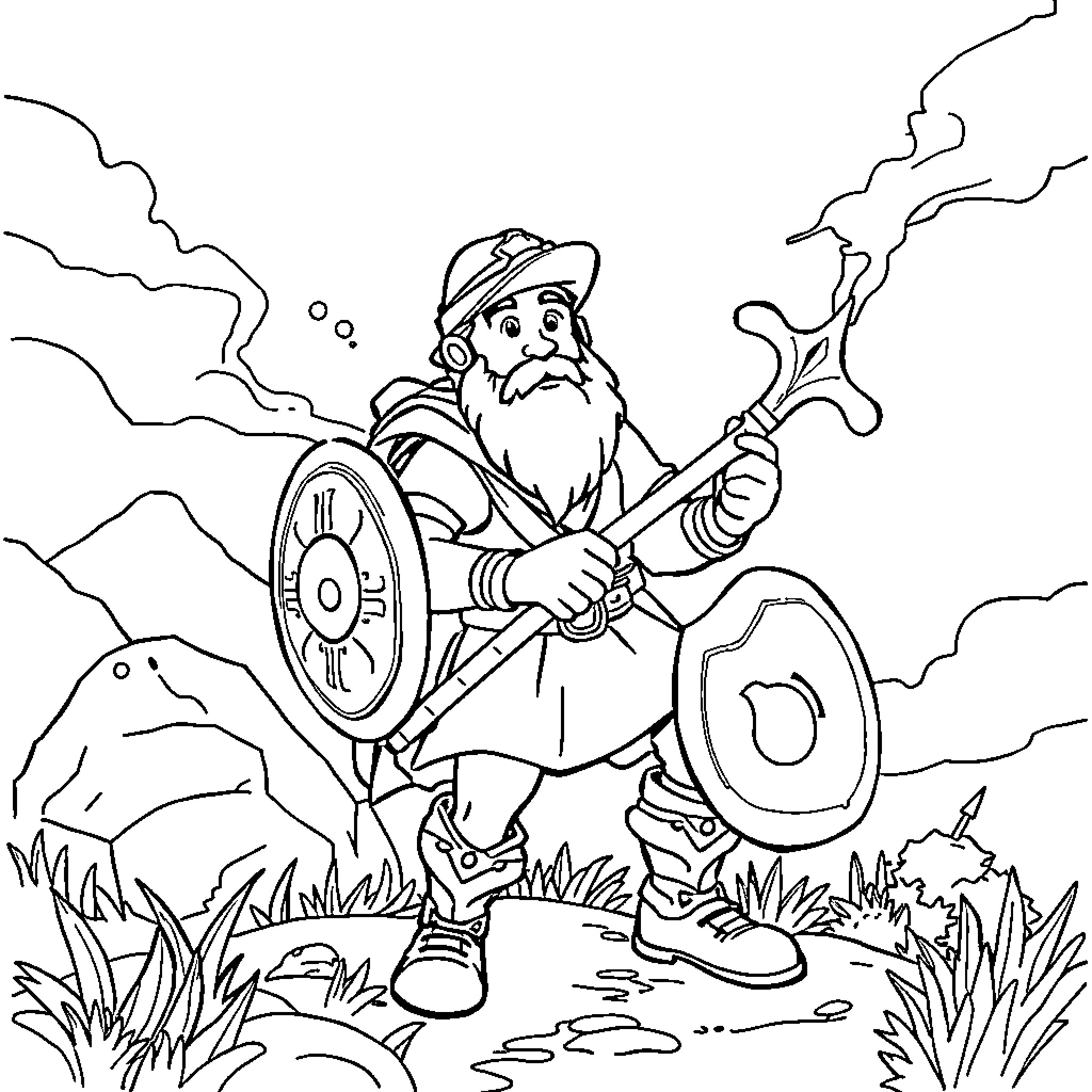 Patrick the Bearded Wanderer Navigates the Wilderness Coloring Page (free black-and-white line drawing printable PDF for all, from beginners to advanced learners, including children, teens, adults, and seniors)