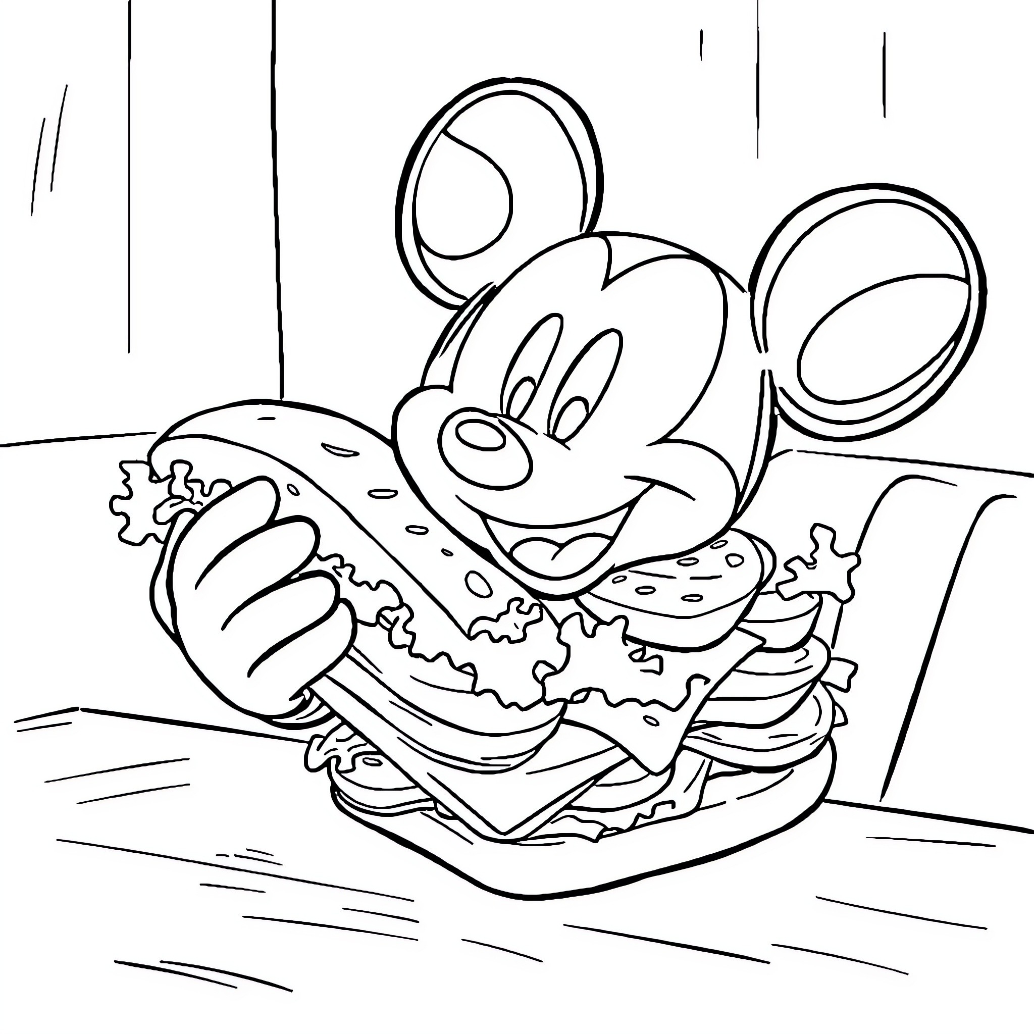 Mickey Mouse enjoying a delicious hamburger Coloring Page (free black-and-white line drawing printable PDF for all, from beginners to advanced learners, including children, teens, adults, and seniors)