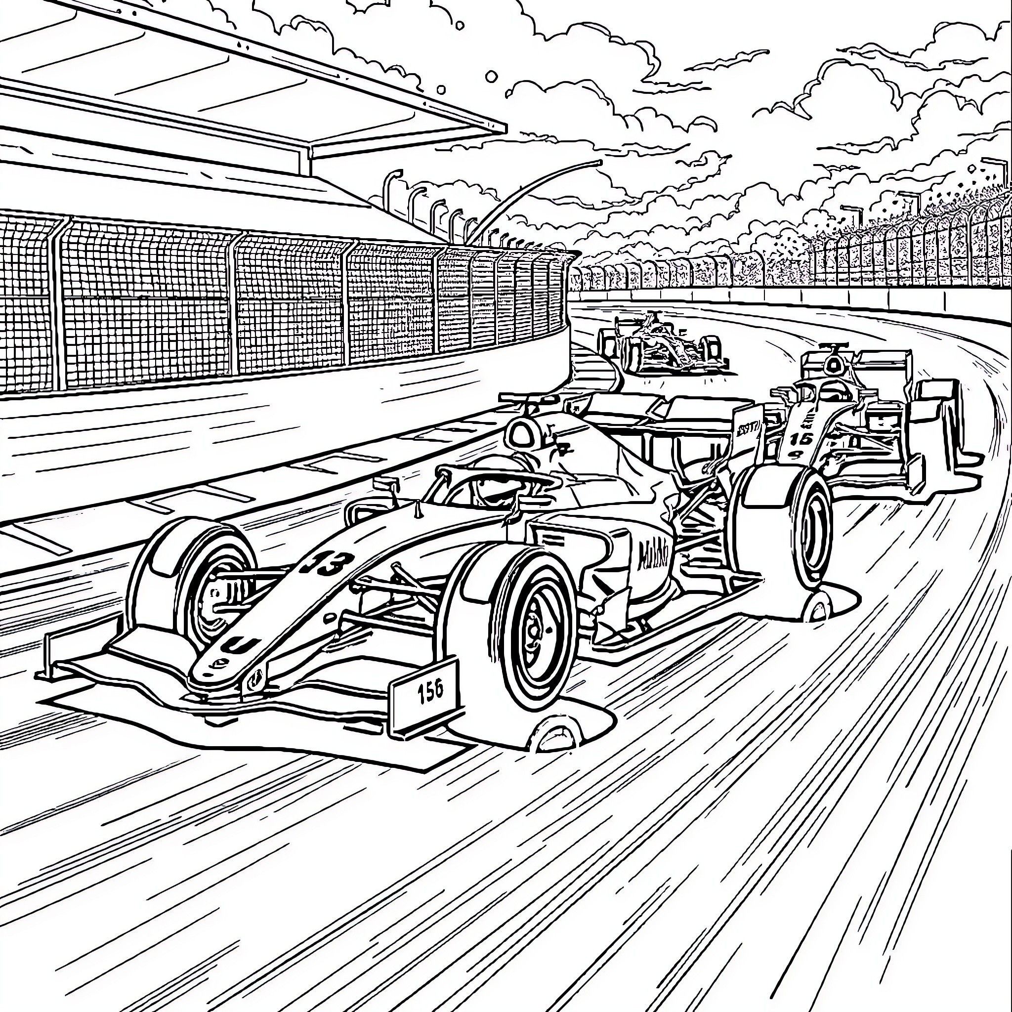 Formula 1 Cars Racing on the Track Coloring Page (free black-and-white line drawing printable PDF for all, from beginners to advanced learners, including children, teens, adults, and seniors)
