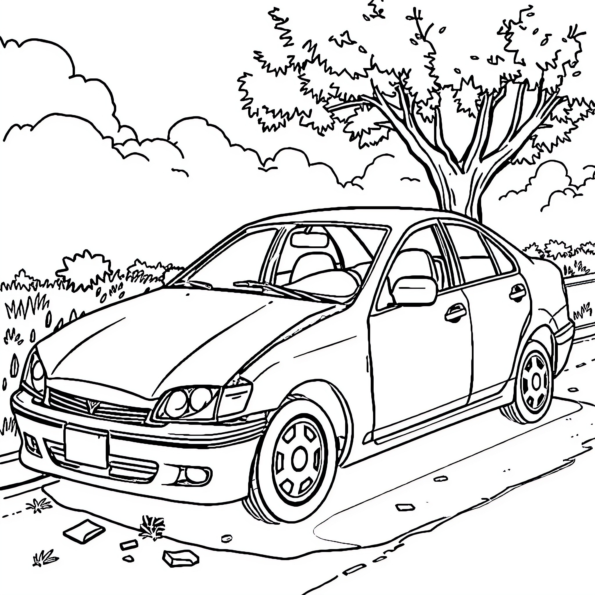 Car on a Scenic Road with Trees Coloring Page (free black-and-white line drawing printable PDF for all, from beginners to advanced learners, including children, teens, adults, and seniors)