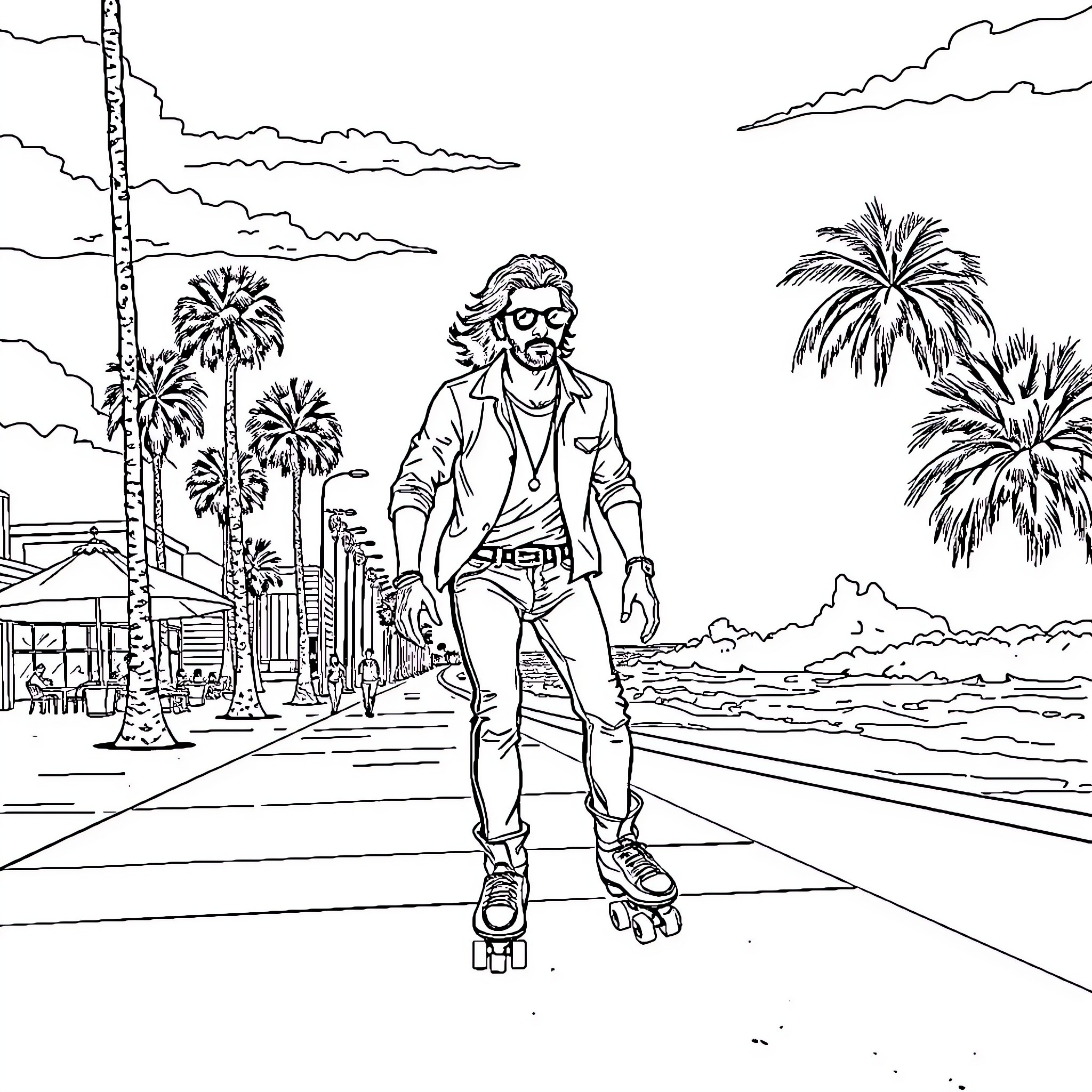 Bono rollerblading through a palm-lined city Coloring Page (free black-and-white line drawing printable PDF for all, from beginners to advanced learners, including children, teens, adults, and seniors)