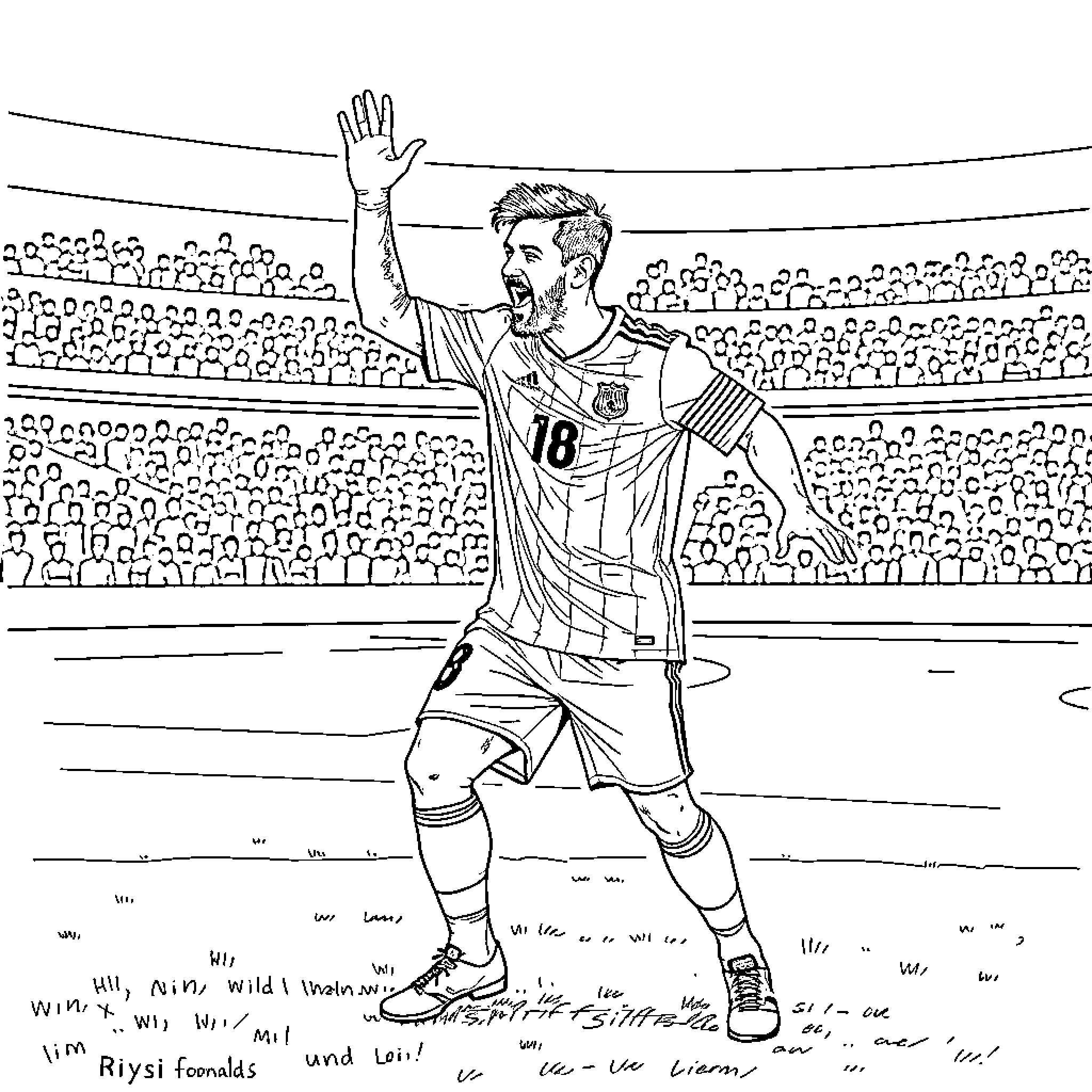 Messi celebrates goal in a soccer stadium Coloring Page (free black-and-white line drawing printable PDF for all, from beginners to advanced learners, including children, teens, adults, and seniors)