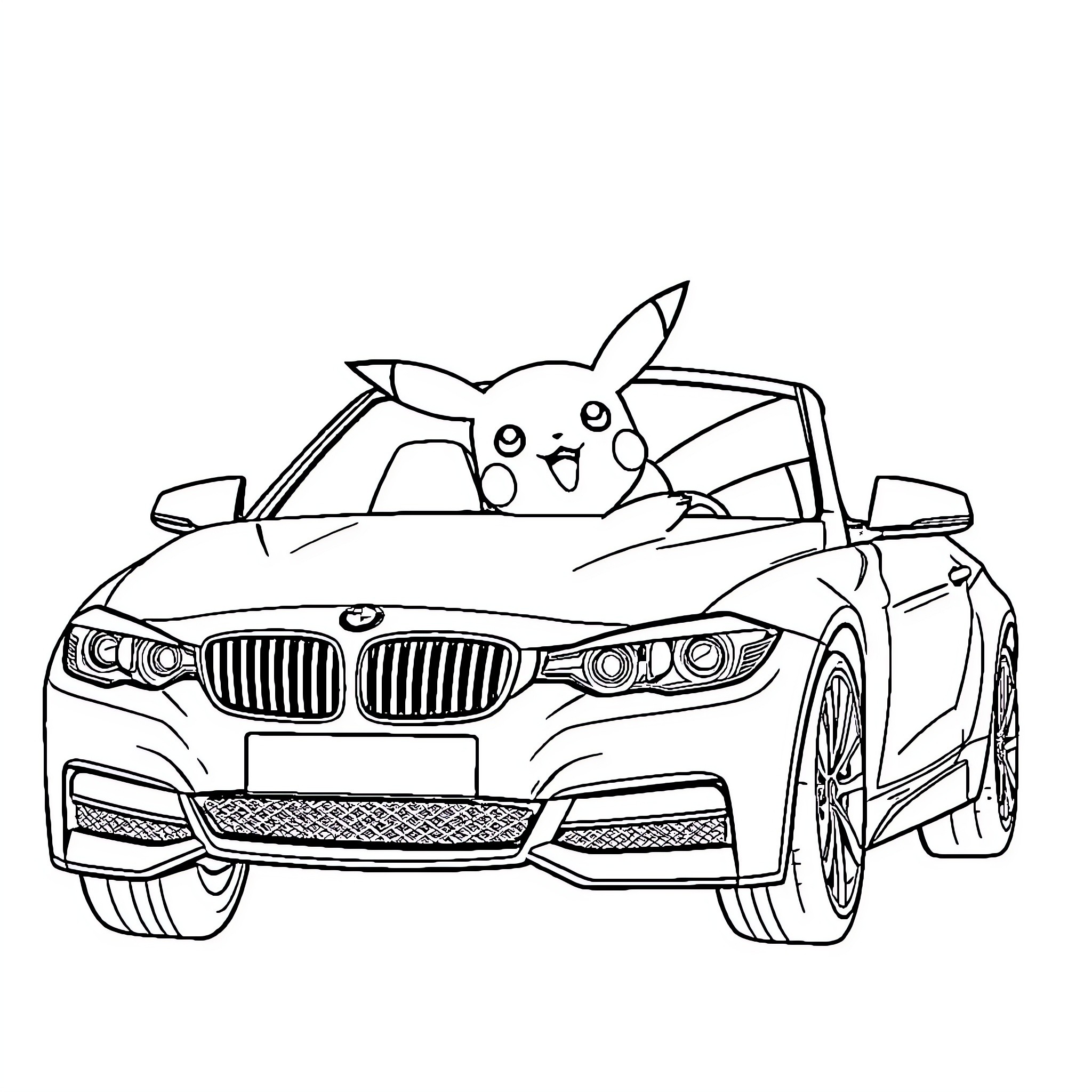 Pikachu riding happily in a luxury sports car Coloring Page (free black-and-white line drawing printable PDF for all, from beginners to advanced learners, including children, teens, adults, and seniors)