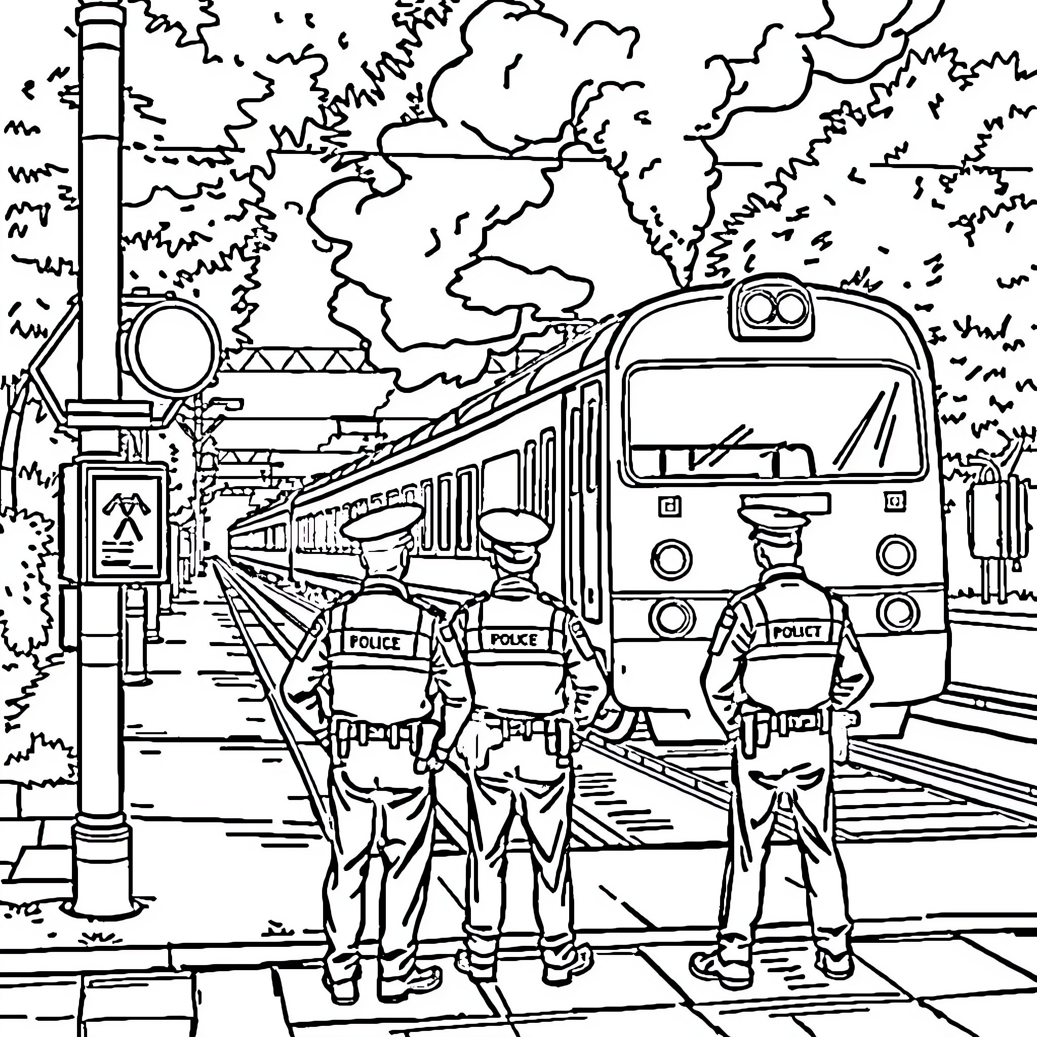 Police officers monitoring train station activity Coloring Page (free black-and-white line drawing printable PDF for all, from beginners to advanced learners, including children, teens, adults, and seniors)