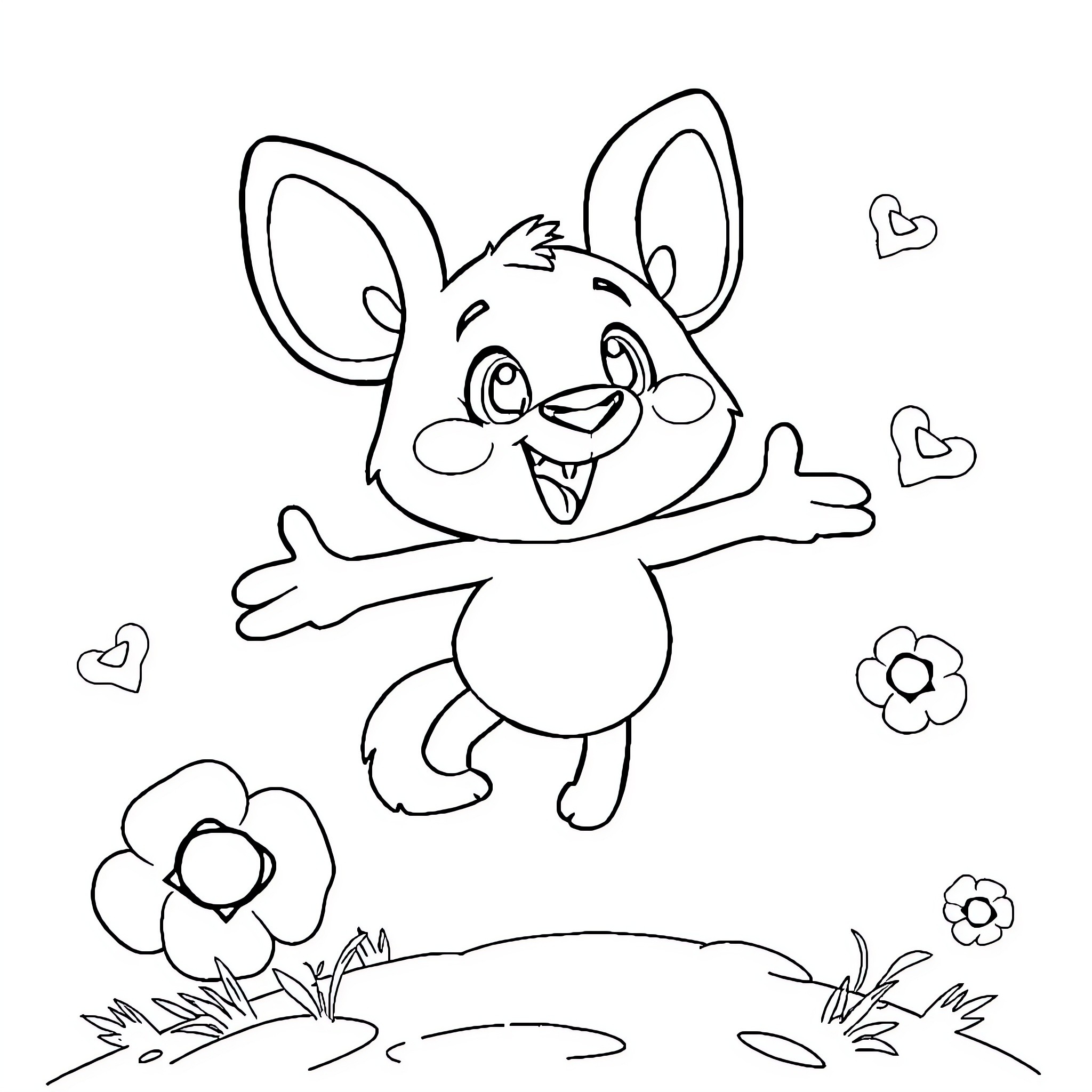 Labubu cheerfully embraces flowers and hearts Coloring Page (free black-and-white line drawing printable PDF for all, from beginners to advanced learners, including children, teens, adults, and seniors)
