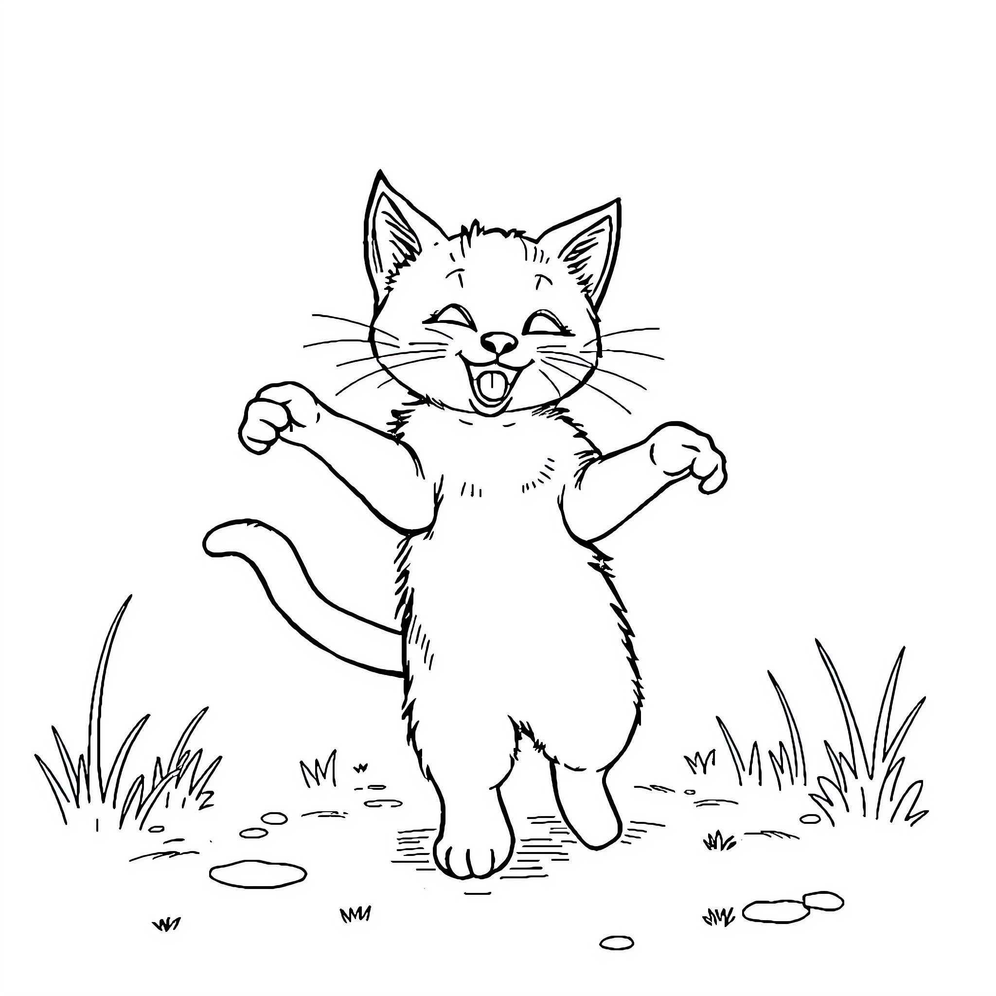 Cat joyfully playing in nature Coloring Page (free black-and-white line drawing printable PDF for all, from beginners to advanced learners, including children, teens, adults, and seniors)