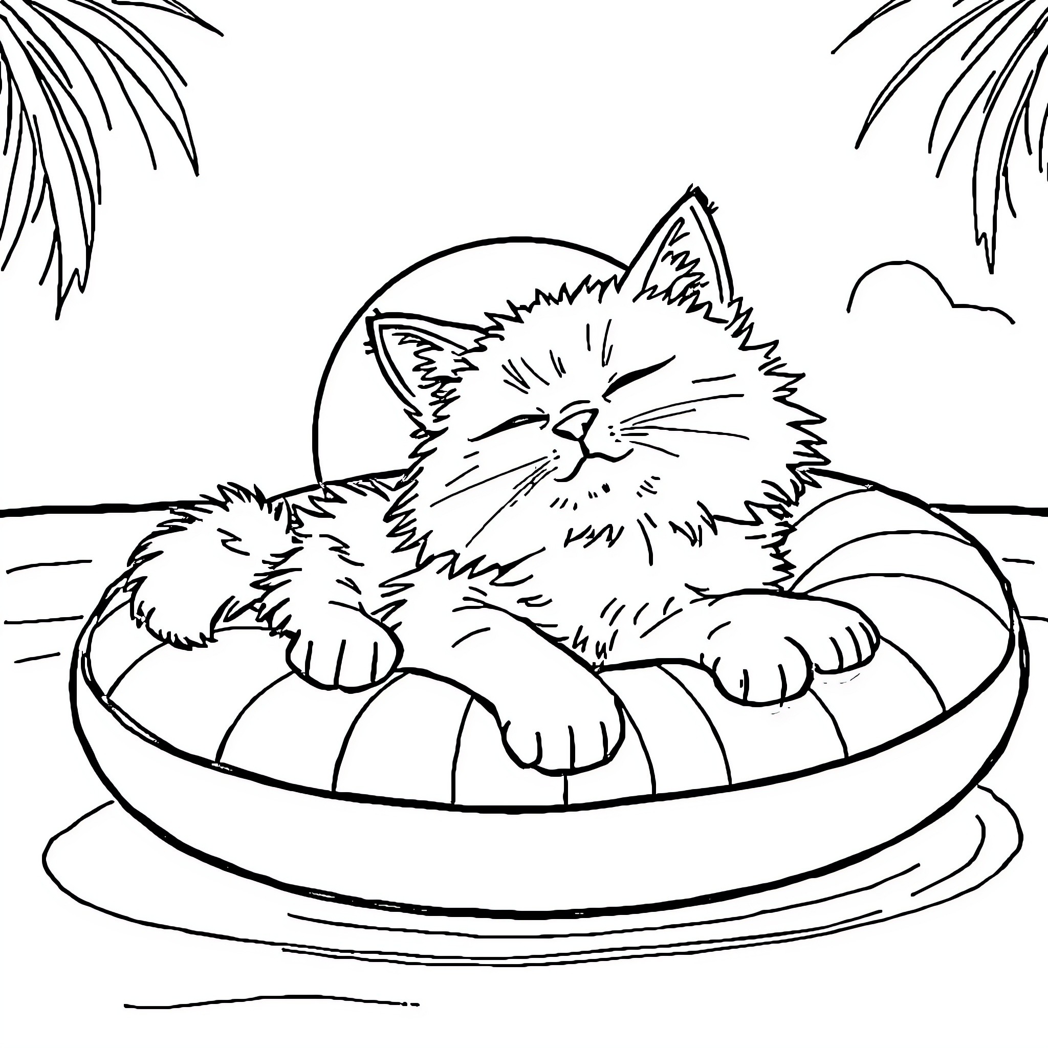 Cat relaxing peacefully on a hammock Coloring Page (free black-and-white line drawing printable PDF for all, from beginners to advanced learners, including children, teens, adults, and seniors)
