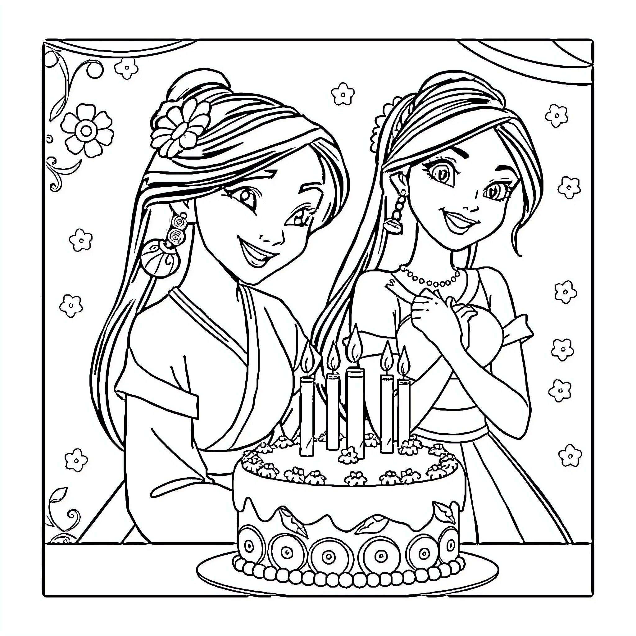 Mulan celebrating birthday with friend Coloring Page (free black-and-white line drawing printable PDF for all, from beginners to advanced learners, including children, teens, adults, and seniors)