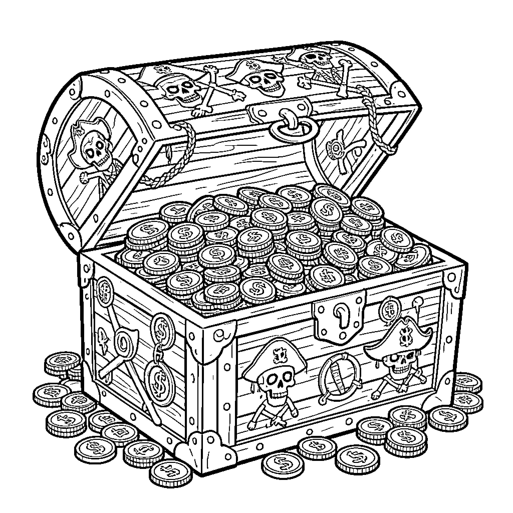 Treasure Box Filled with Coins and Symbols Coloring Page (free black-and-white line drawing printable PDF for all, from beginners to advanced learners, including children, teens, adults, and seniors)