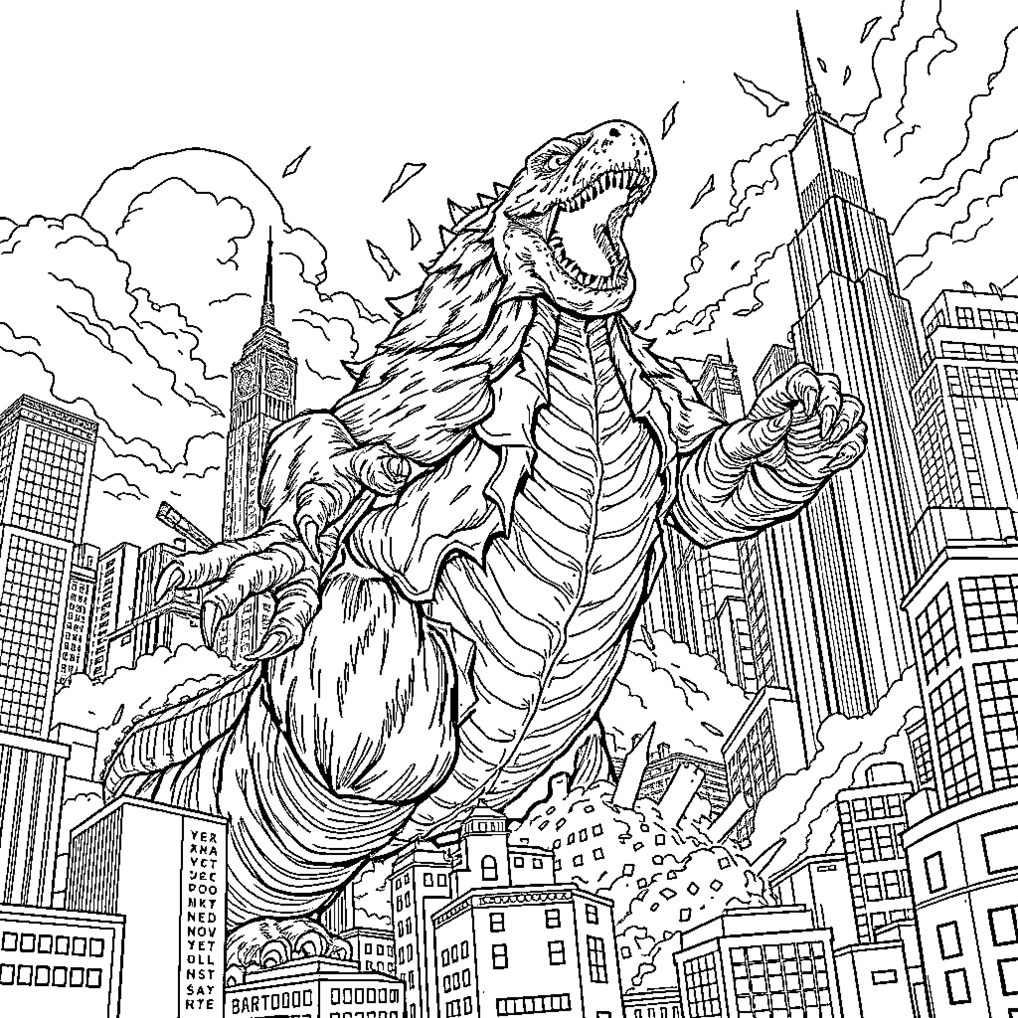 Monster Rampaging Through Cityscape Coloring Page (free black-and-white line drawing printable PDF for all, from beginners to advanced learners, including children, teens, adults, and seniors)