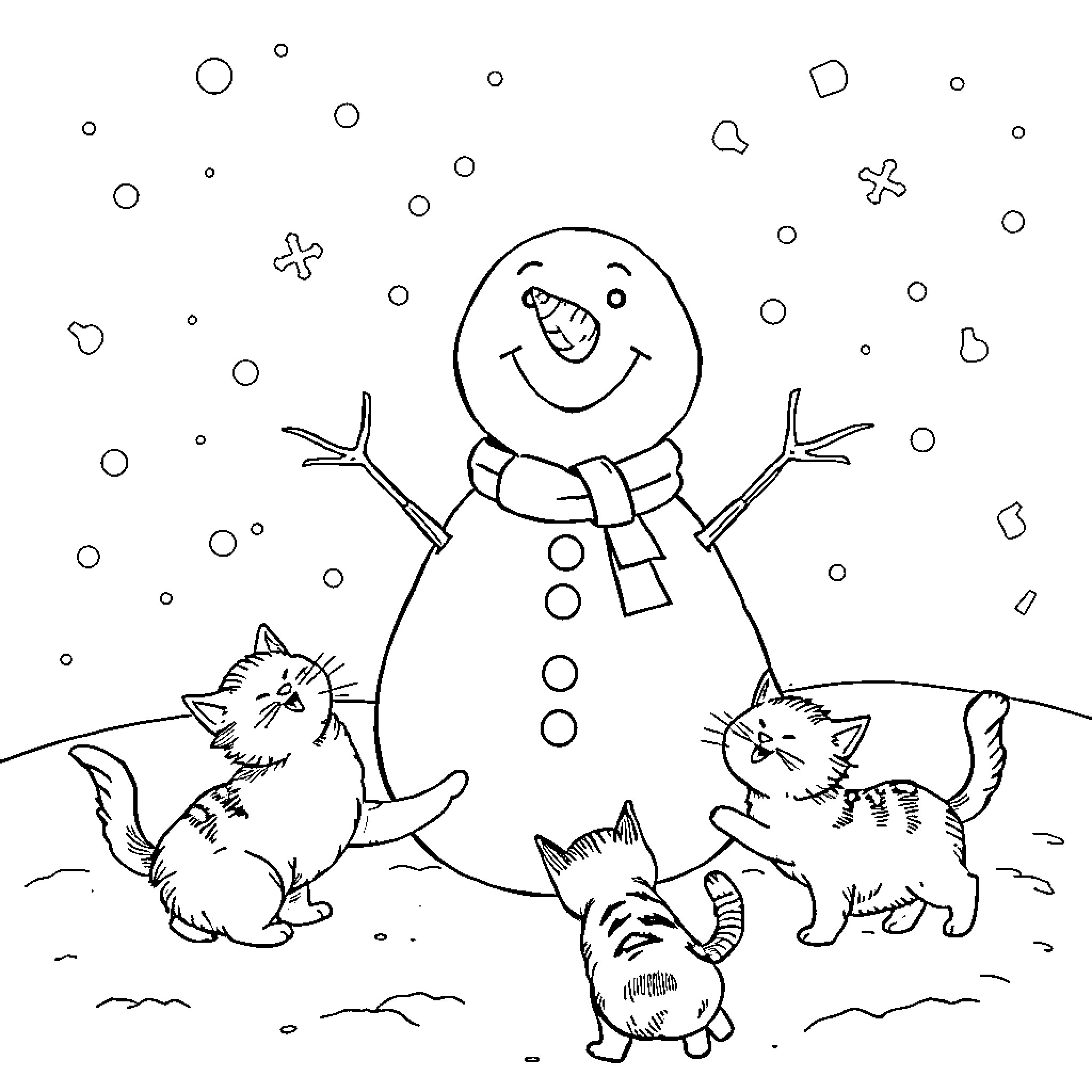 Snowman playing with kittens in the snow Coloring Page (free black-and-white line drawing printable PDF for all, from beginners to advanced learners, including children, teens, adults, and seniors)