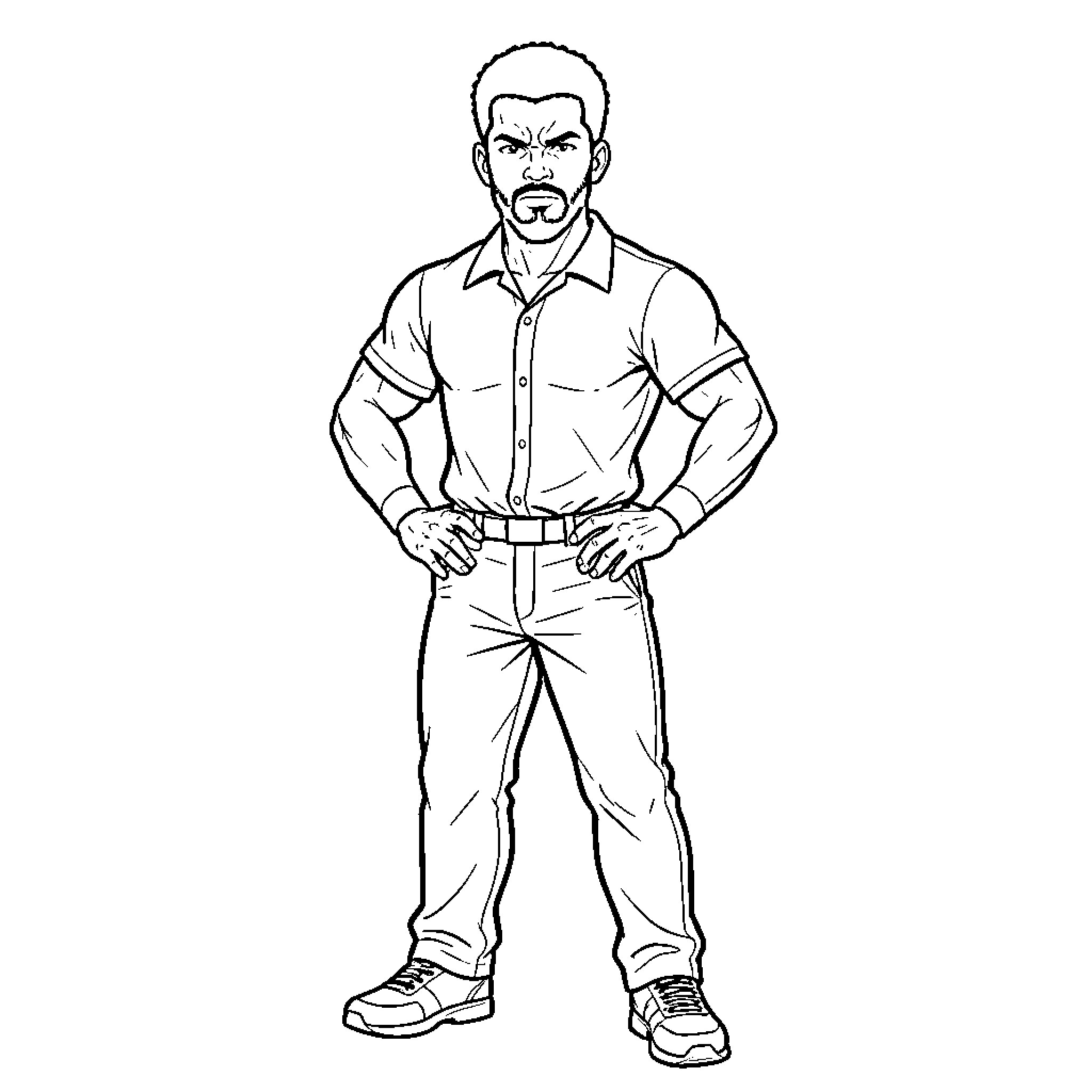 Ricky McGruder standing confidently with hands on hips Coloring Page (free black-and-white line drawing printable PDF for all, from beginners to advanced learners, including children, teens, adults, and seniors)