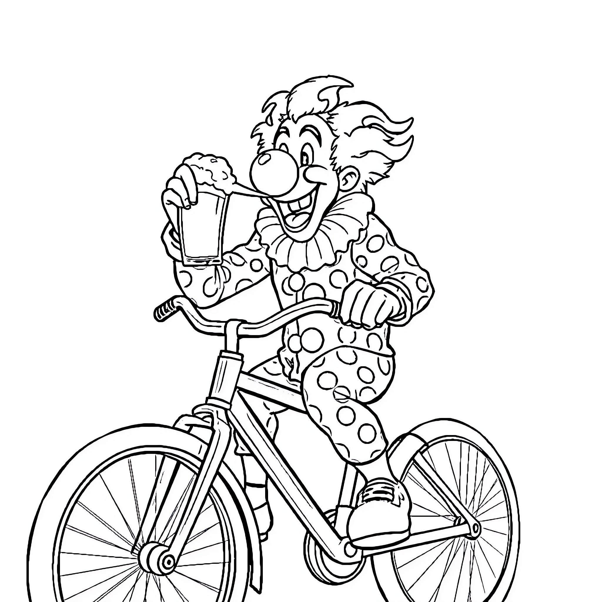 Clown riding bicycle with merry expression Coloring Page (free black-and-white line drawing printable PDF for all, from beginners to advanced learners, including children, teens, adults, and seniors)