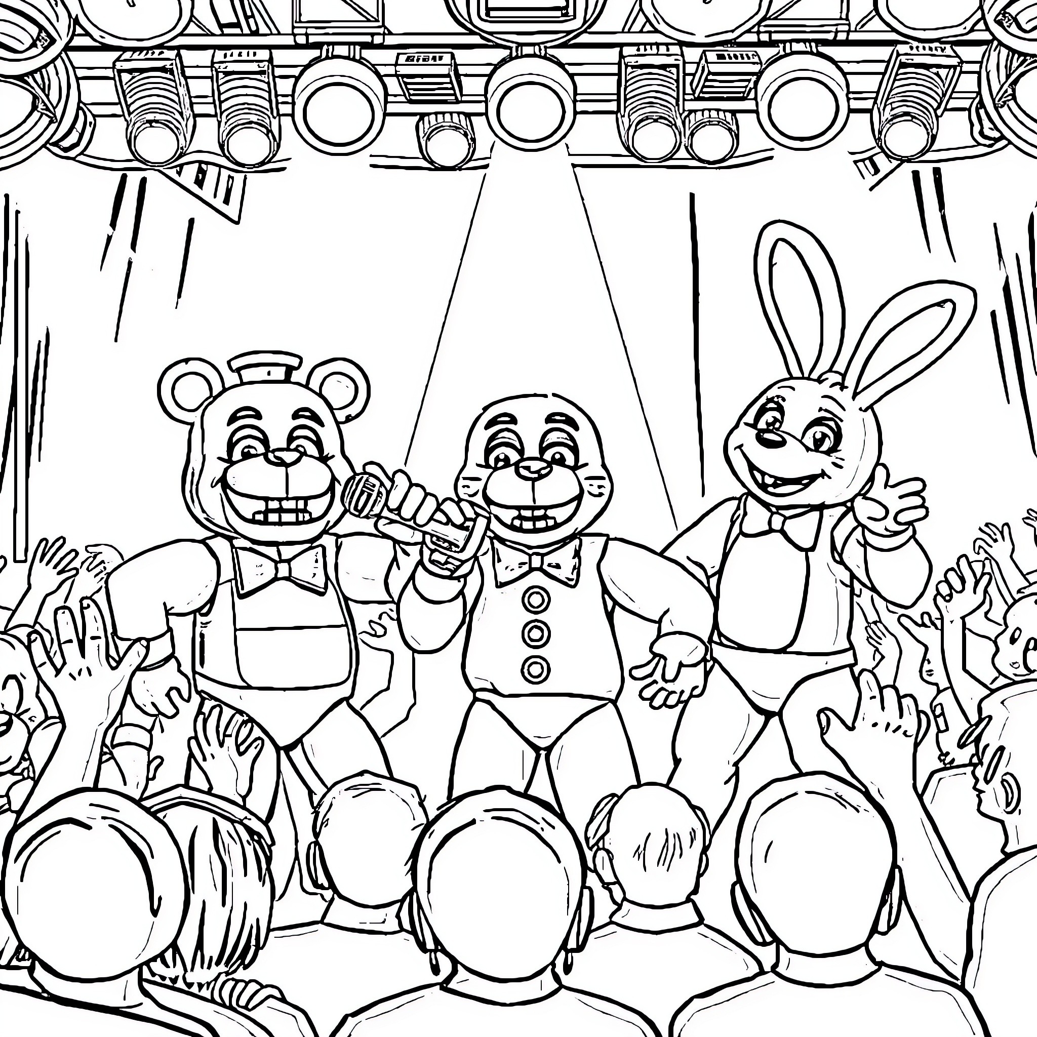 Freddy and Friends Performing on the Stage Coloring Page (free black-and-white line drawing printable PDF for all, from beginners to advanced learners, including children, teens, adults, and seniors)