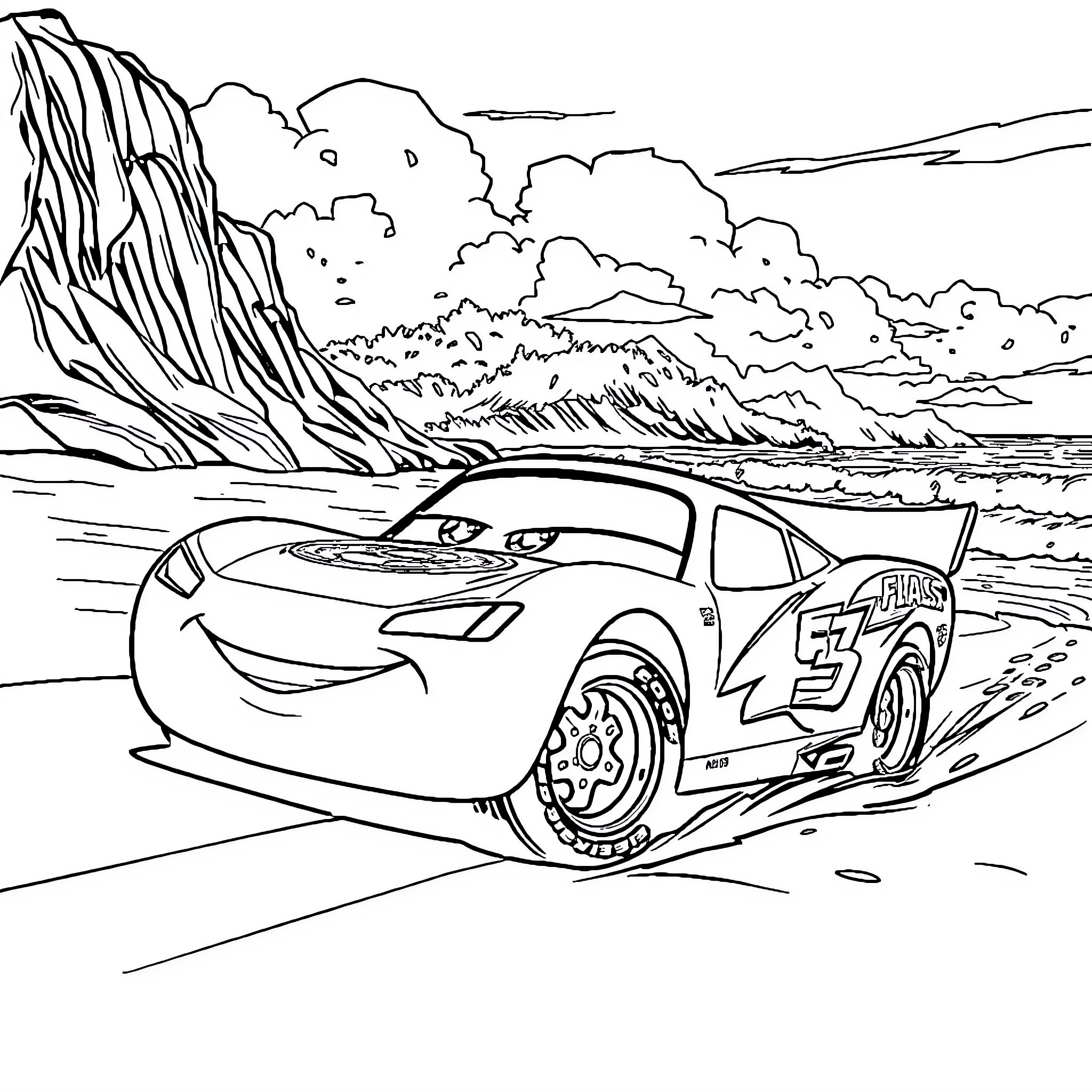 Lightning McQueen racing on the beach Coloring Page (free black-and-white line drawing printable PDF for all, from beginners to advanced learners, including children, teens, adults, and seniors)