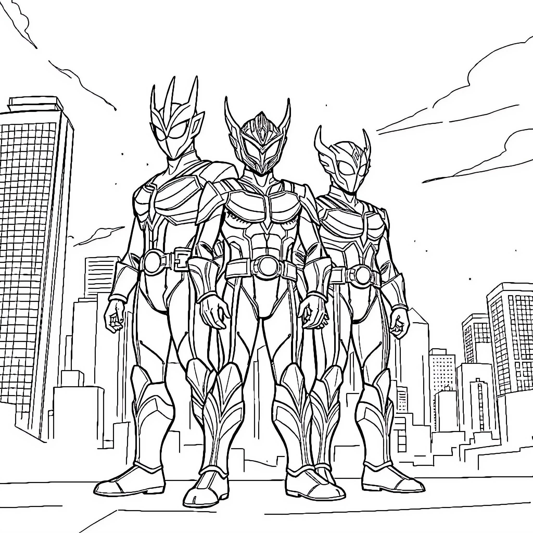 Ultramen heroically standing in a cityscape Coloring Page (free black-and-white line drawing printable PDF for all, from beginners to advanced learners, including children, teens, adults, and seniors)