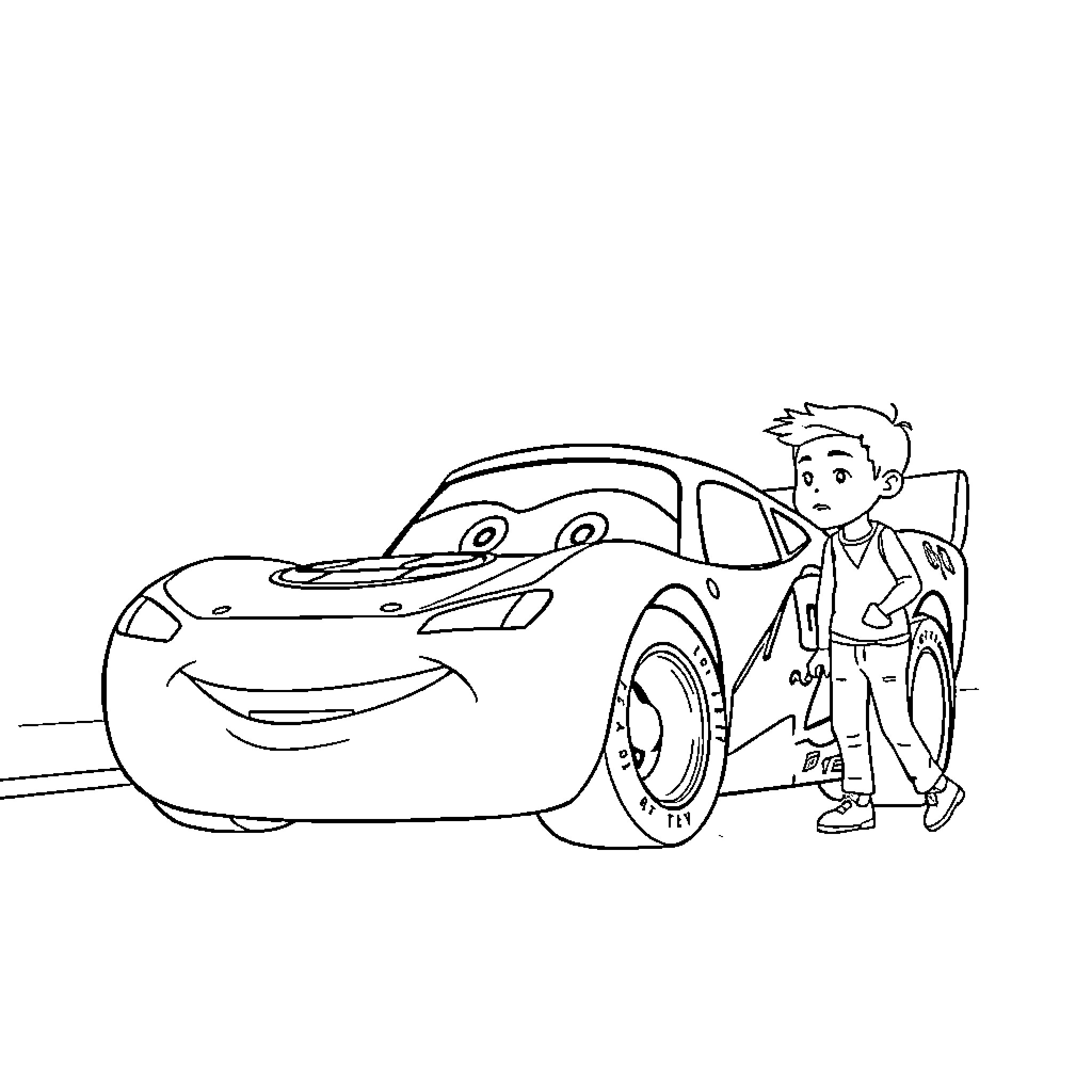 Rayo McQueen in a playful scene with a human Coloring Page (free black-and-white line drawing printable PDF for all, from beginners to advanced learners, including children, teens, adults, and seniors)