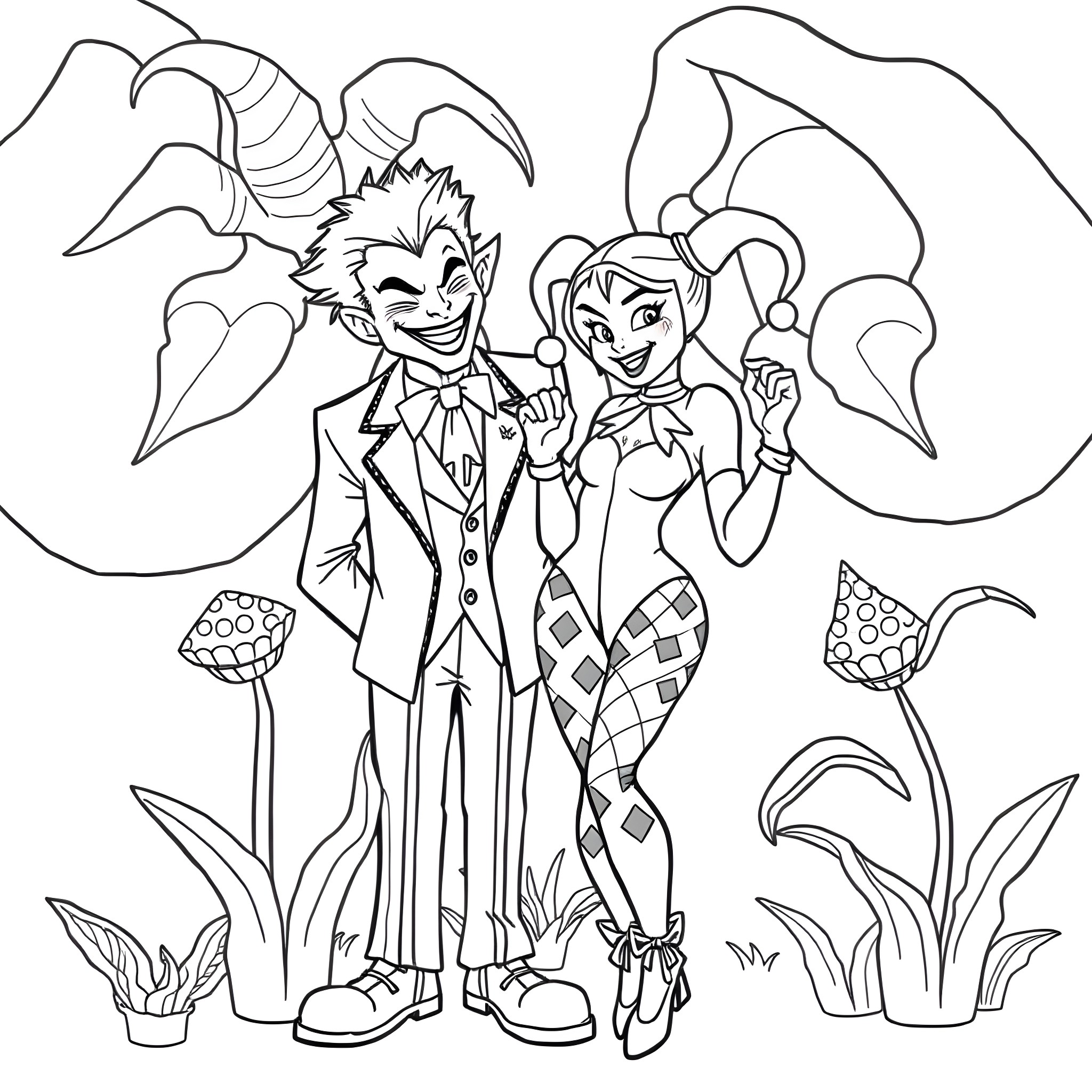 Joker and Harley Quinn in playful attire Coloring Page (free black-and-white line drawing printable PDF for all, from beginners to advanced learners, including children, teens, adults, and seniors)