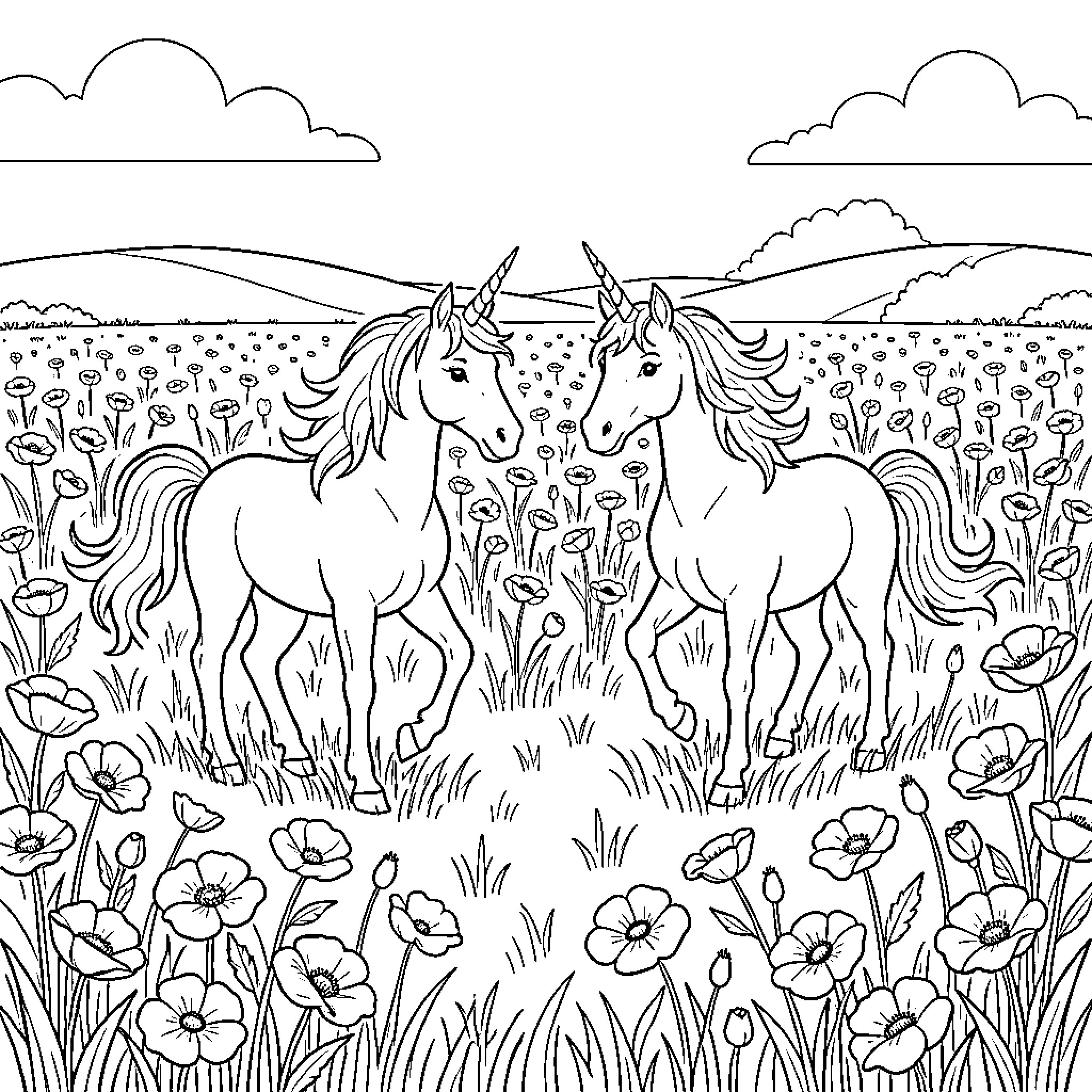 Unicorns standing together in a flowery meadow Coloring Page (free black-and-white line drawing printable PDF for all, from beginners to advanced learners, including children, teens, adults, and seniors)