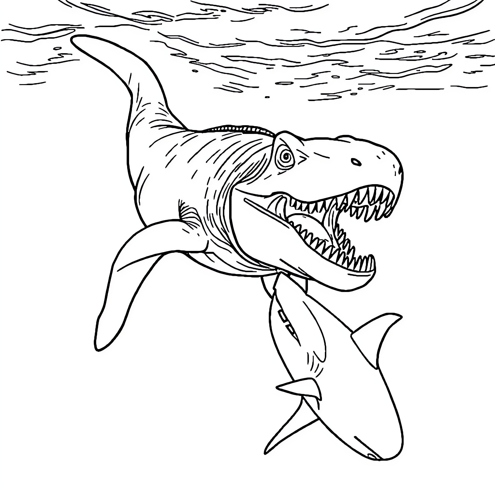 Mosasaurus hunting aggressively in the ocean Coloring Page (free black-and-white line drawing printable PDF for all, from beginners to advanced learners, including children, teens, adults, and seniors)