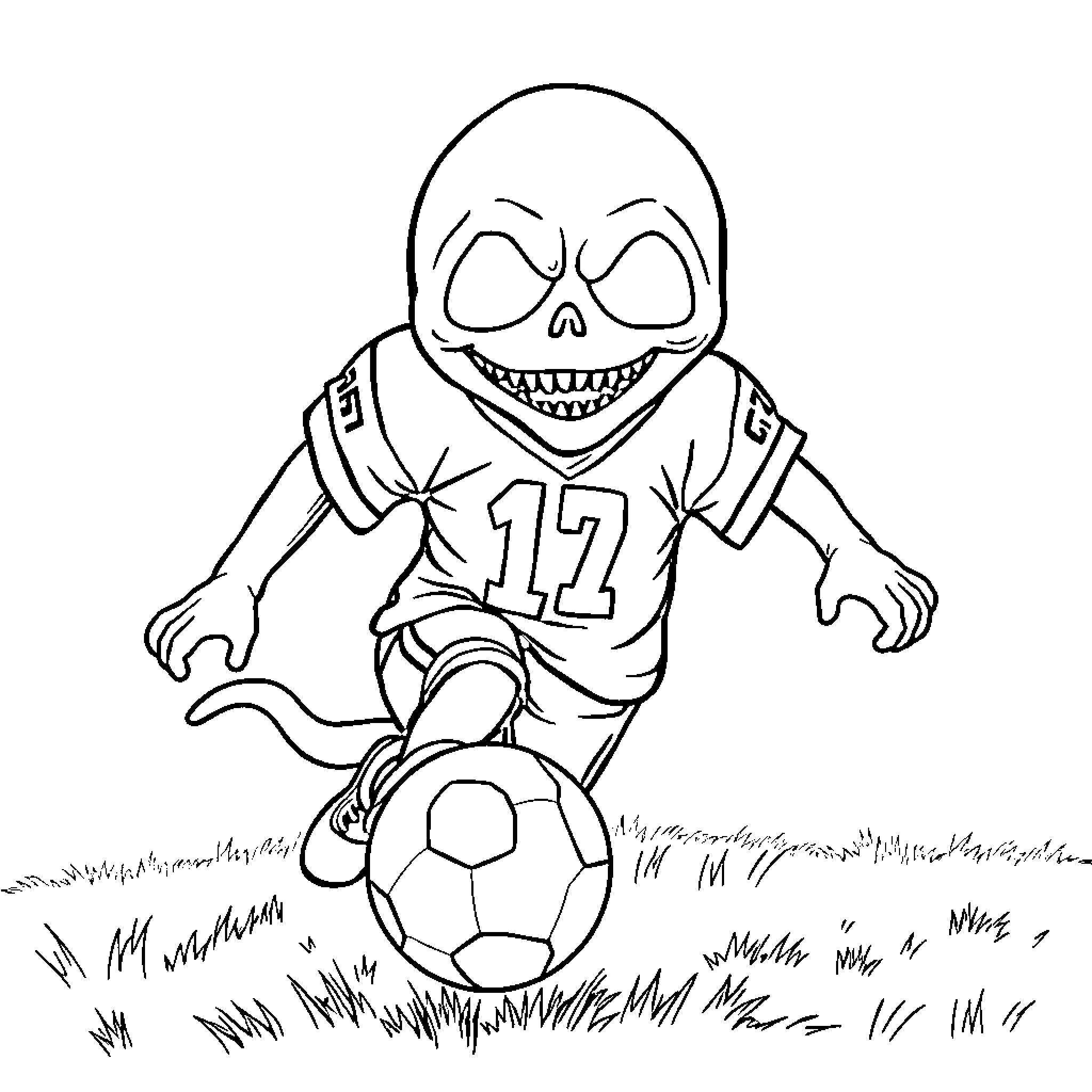 Ghost Face Enjoying Football in the Grass Coloring Page (free black-and-white line drawing printable PDF for all, from beginners to advanced learners, including children, teens, adults, and seniors)