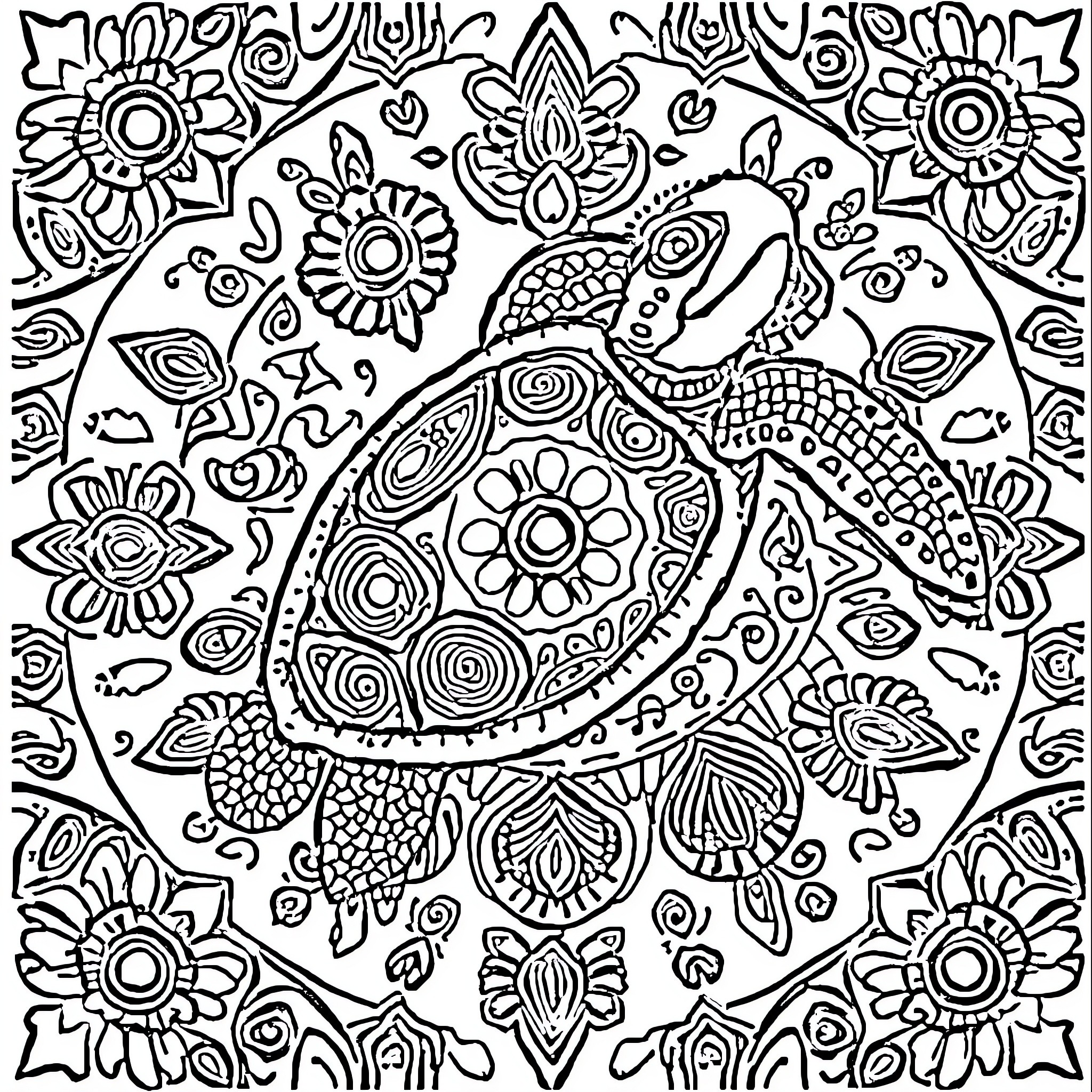 Sea Turtle swimming among floral patterns Coloring Page (free black-and-white line drawing printable PDF for all, from beginners to advanced learners, including children, teens, adults, and seniors)