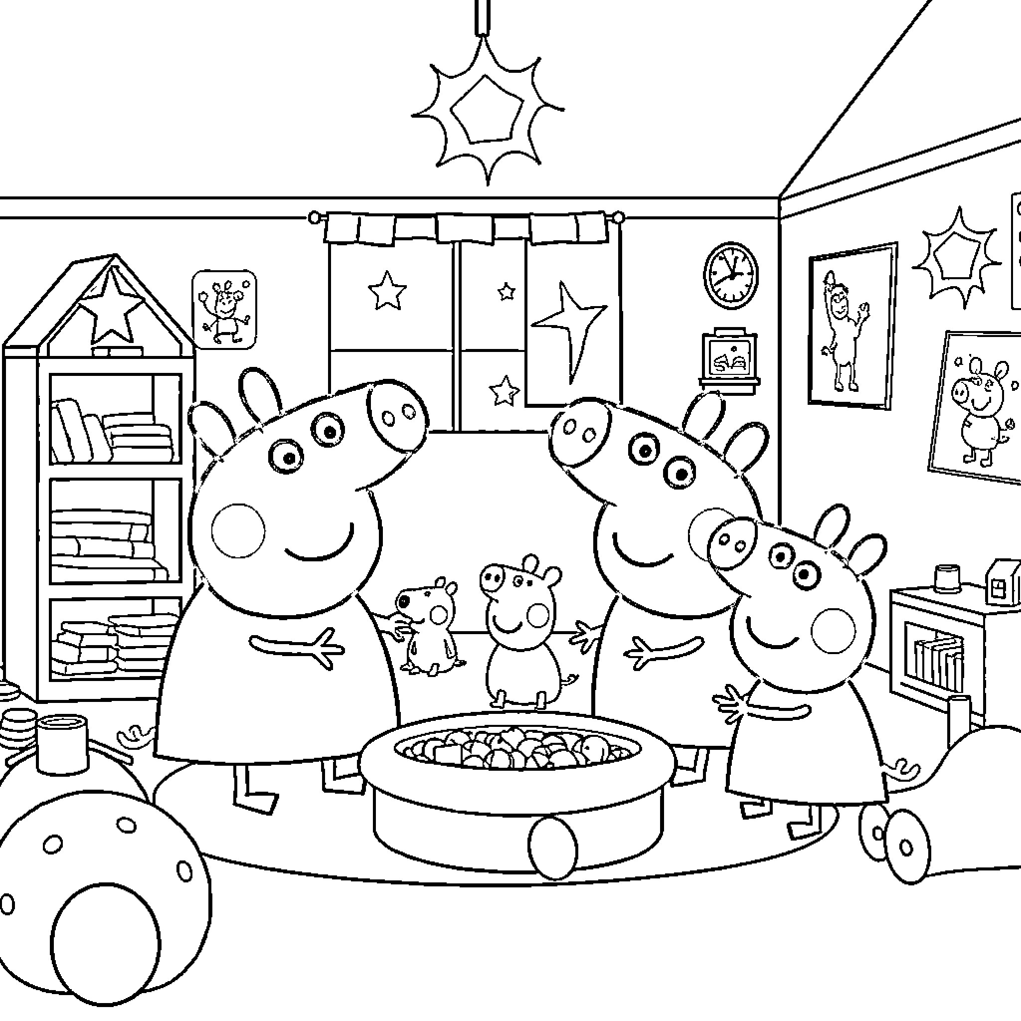 Peppa Pig's family having a cozy night at home Coloring Page (free black-and-white line drawing printable PDF for all, from beginners to advanced learners, including children, teens, adults, and seniors)