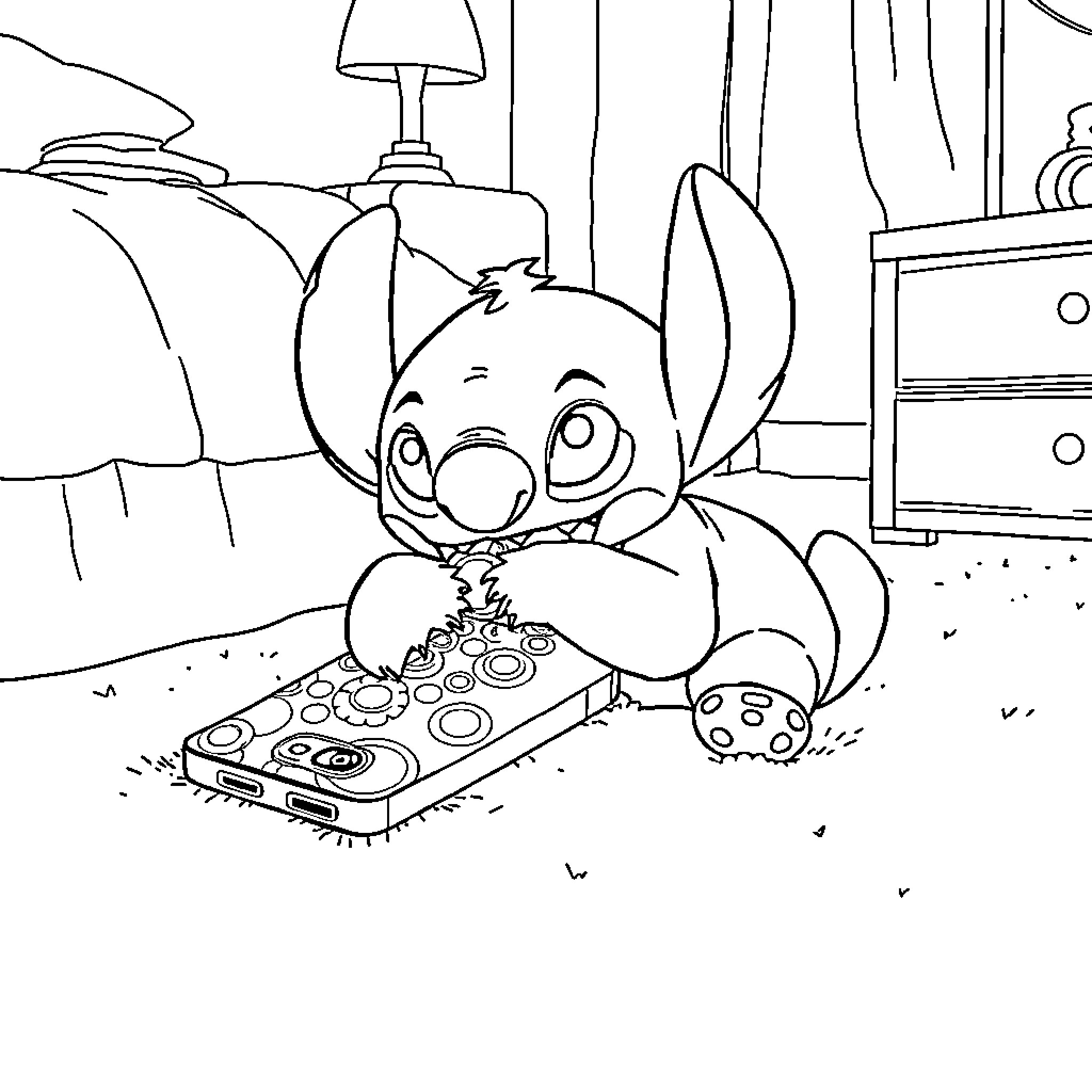 Stitch playing video games at home Coloring Page (free black-and-white line drawing printable PDF for all, from beginners to advanced learners, including children, teens, adults, and seniors)