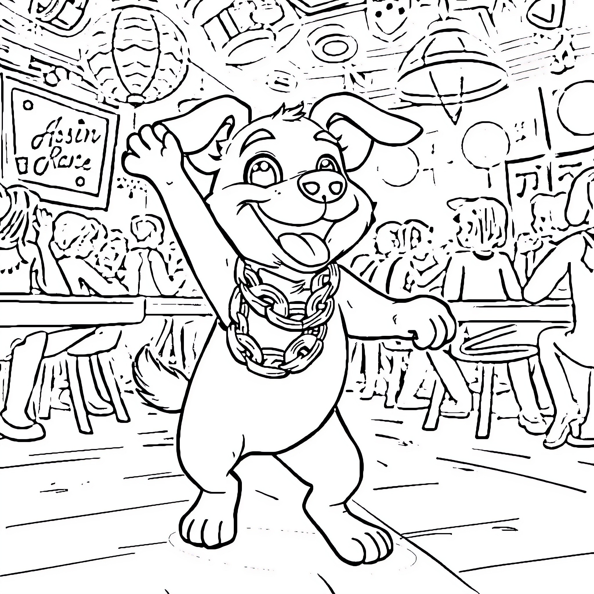 Dog Dancing Happily at a Party Coloring Page (free black-and-white line drawing printable PDF for all, from beginners to advanced learners, including children, teens, adults, and seniors)