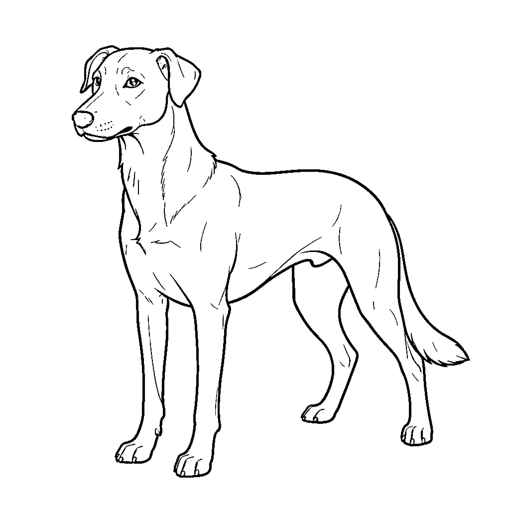Galgo dog standing alert and attentive Coloring Page (free black-and-white line drawing printable PDF for all, from beginners to advanced learners, including children, teens, adults, and seniors)
