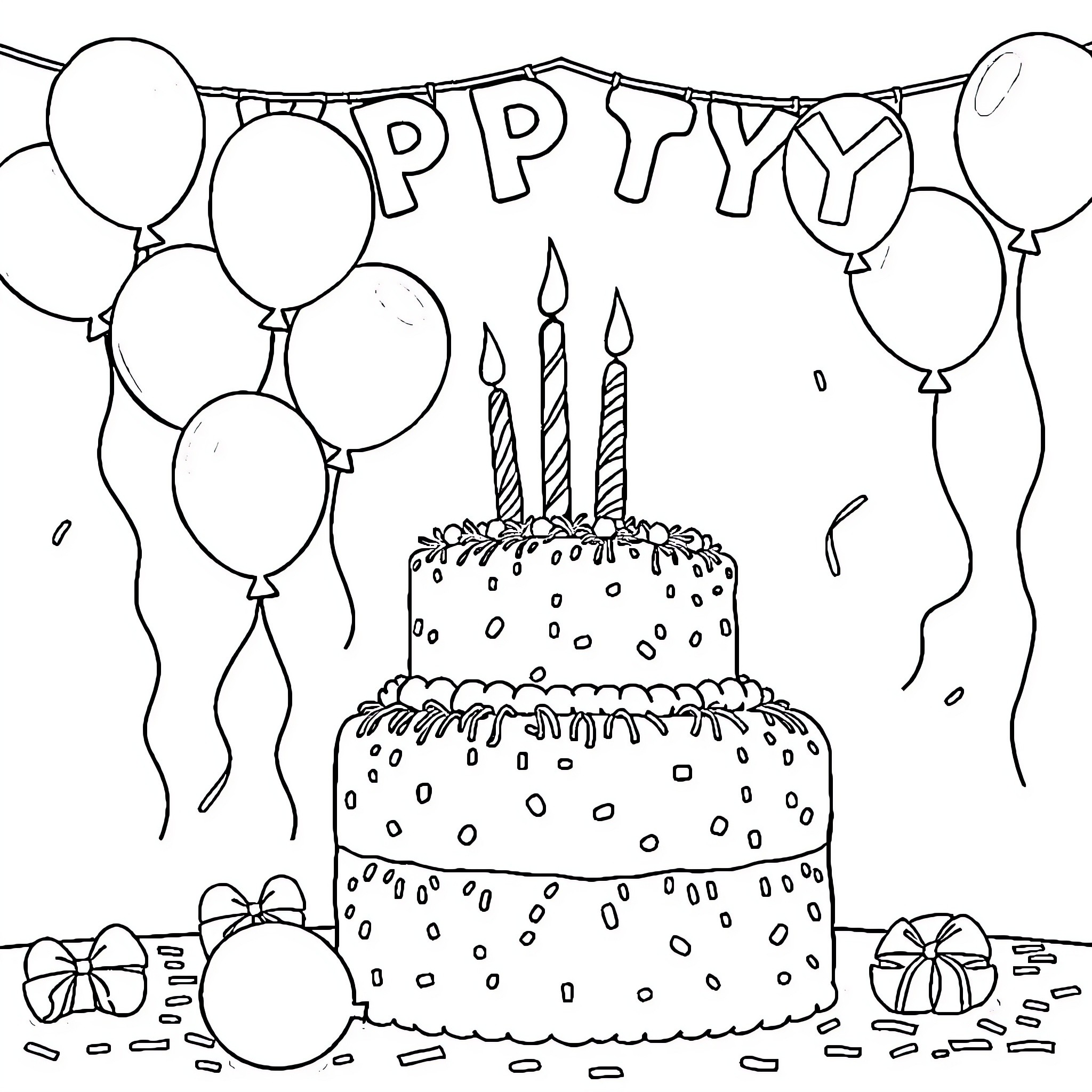 Birthday celebration with cake and balloons Coloring Page (free black-and-white line drawing printable PDF for all, from beginners to advanced learners, including children, teens, adults, and seniors)