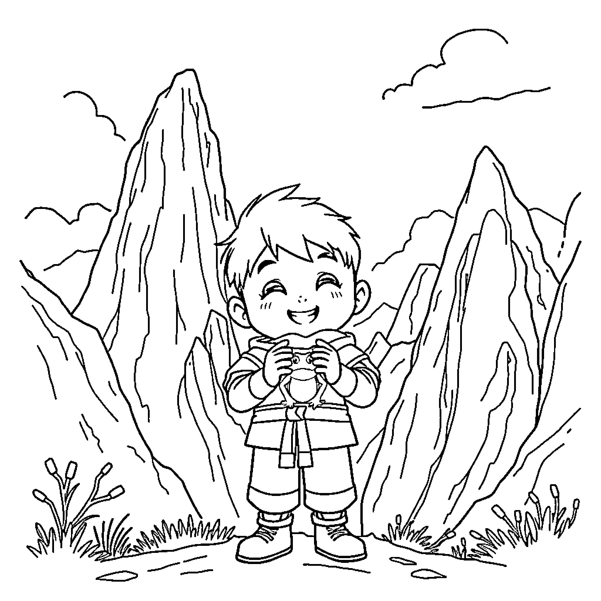 Sinchan explores the majestic mountains with enthusiasm Coloring Page (free black-and-white line drawing printable PDF for all, from beginners to advanced learners, including children, teens, adults, and seniors)