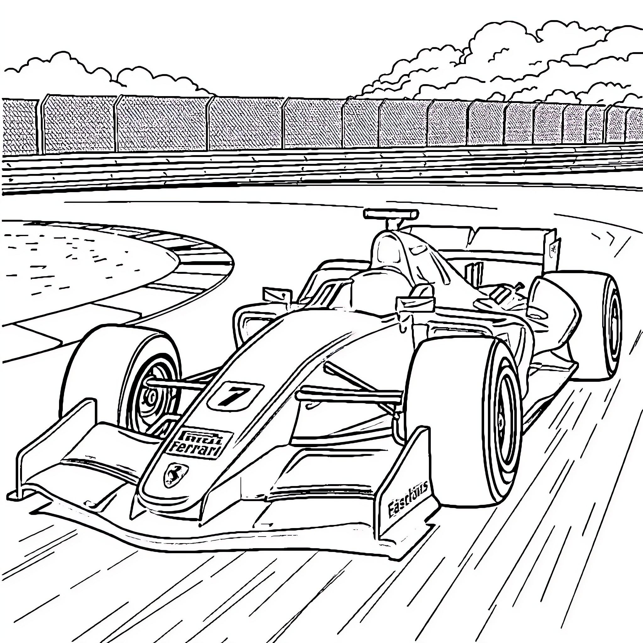 Ferrari Formula One Racing Car on the Track Coloring Page (free black-and-white line drawing printable PDF for all, from beginners to advanced learners, including children, teens, adults, and seniors)
