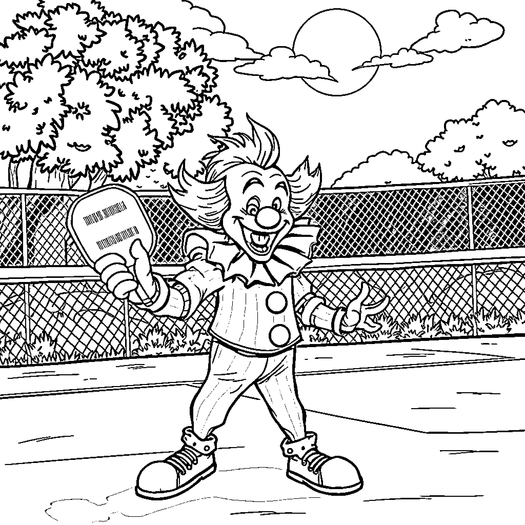 Pennywise the Clown in Playful Carnival Scene Coloring Page (free black-and-white line drawing printable PDF for all, from beginners to advanced learners, including children, teens, adults, and seniors)