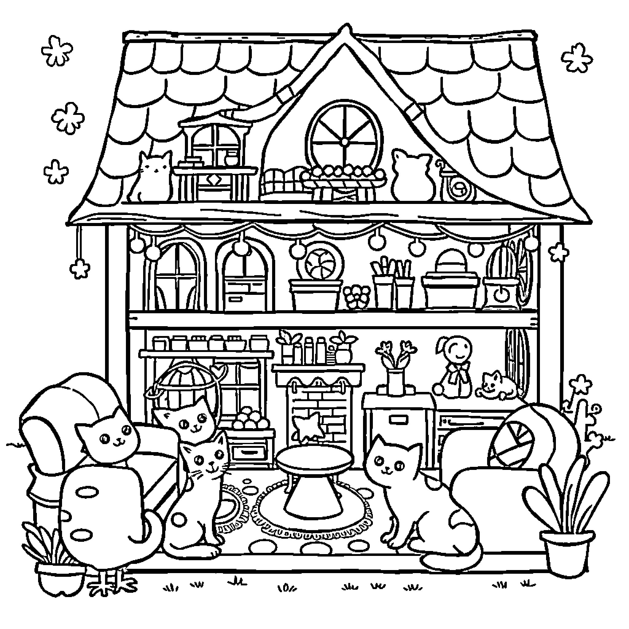 Gabby's Cozy Cottage with Playful Pets Coloring Page (free black-and-white line drawing printable PDF for all, from beginners to advanced learners, including children, teens, adults, and seniors)