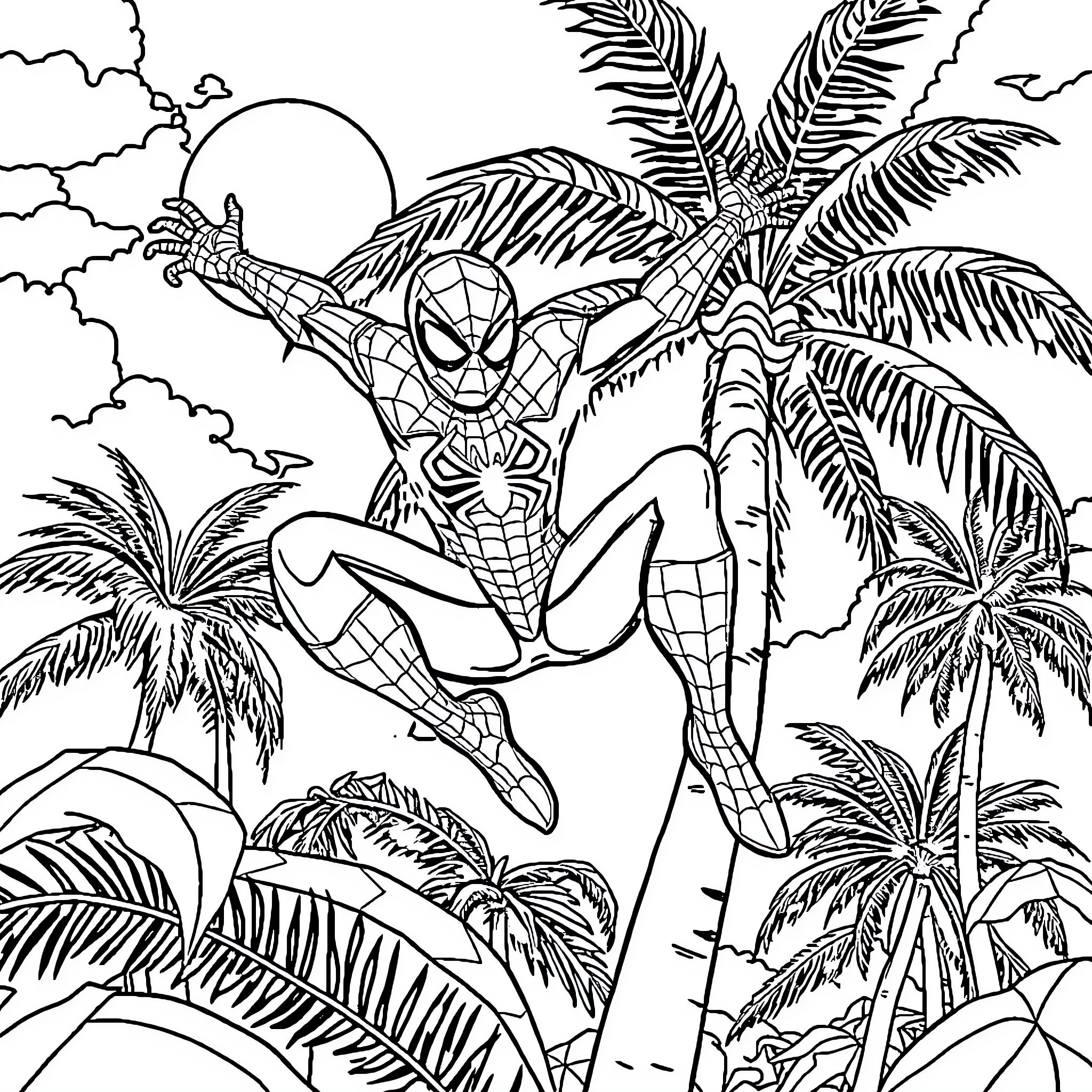 Spiderman swinging through a tropical landscape Coloring Page (free black-and-white line drawing printable PDF for all, from beginners to advanced learners, including children, teens, adults, and seniors)