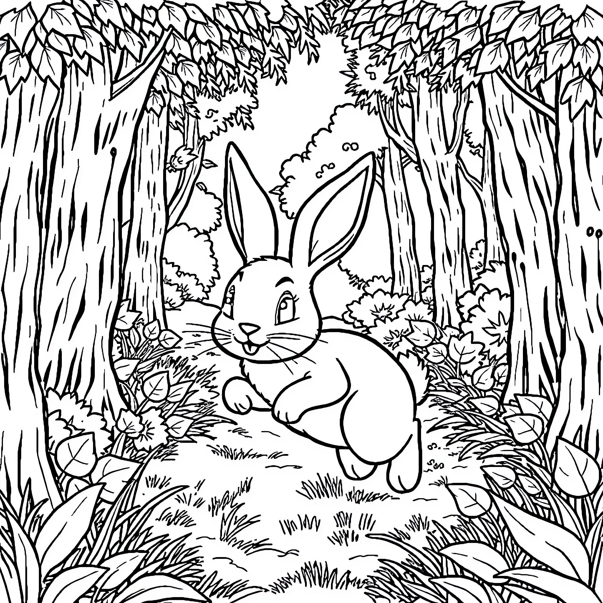 Bunny sitting happily in the forest Coloring Page (free black-and-white line drawing printable PDF for all, from beginners to advanced learners, including children, teens, adults, and seniors)