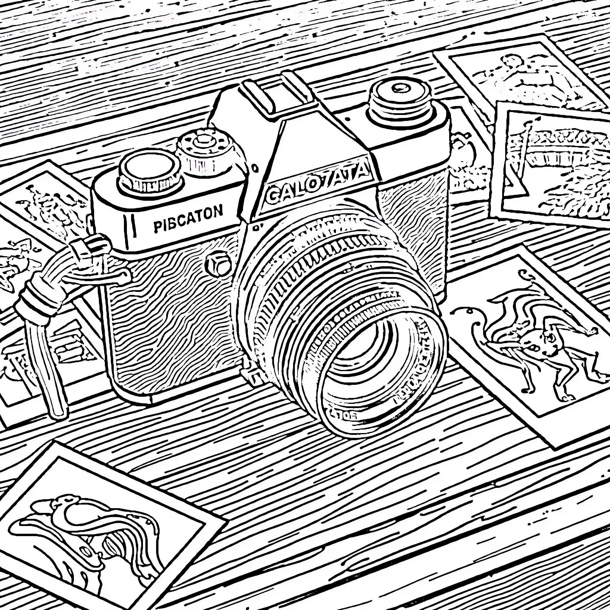 Camera with artistic photography equipment and decorative elements Coloring Page (free black-and-white line drawing printable PDF for all, from beginners to advanced learners, including children, teens, adults, and seniors)
