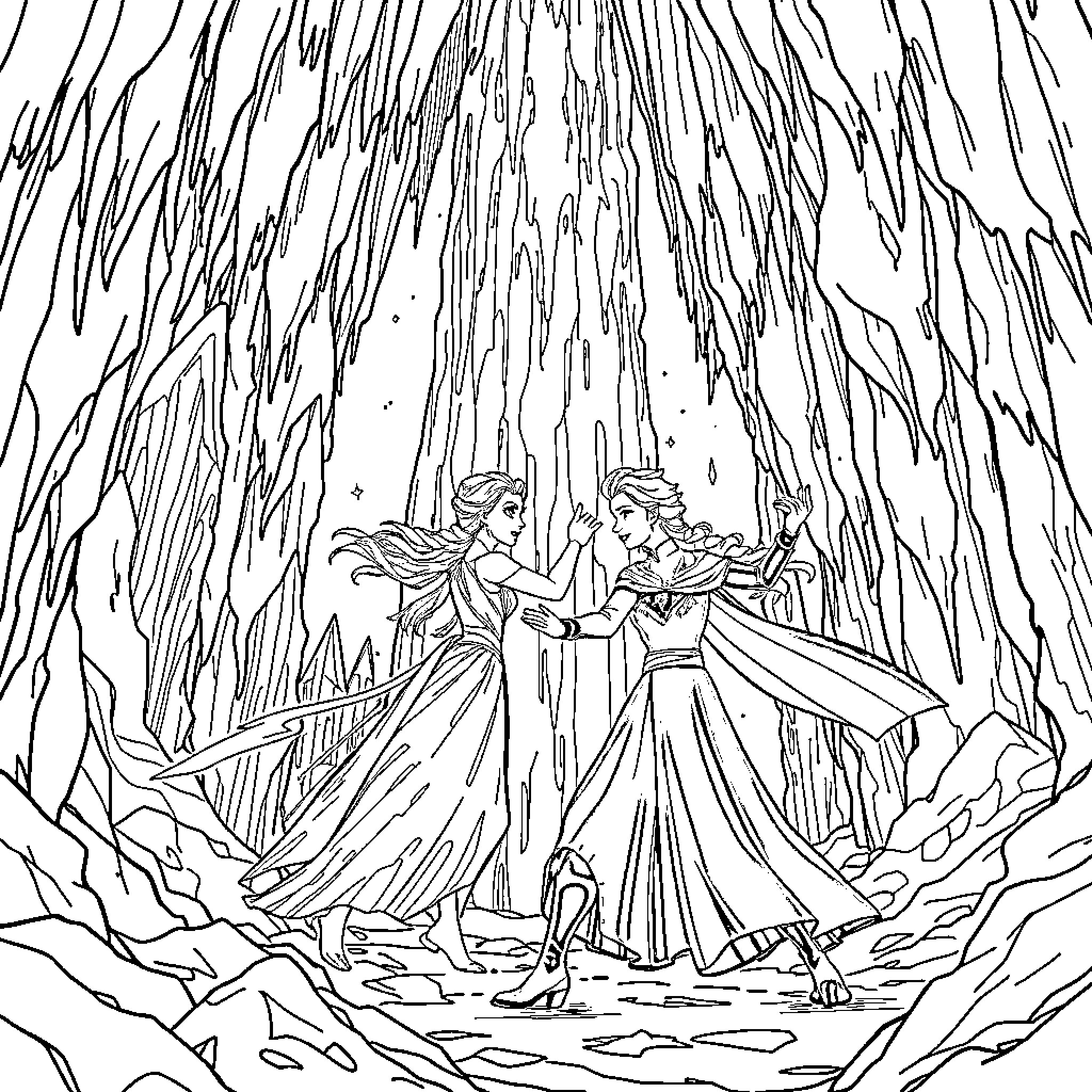 Rumi's Frozen Fantasy: Two Elegantly Attired Figures in a Wintry Wonderland Coloring Page (free black-and-white line drawing printable PDF for all, from beginners to advanced learners, including children, teens, adults, and seniors)