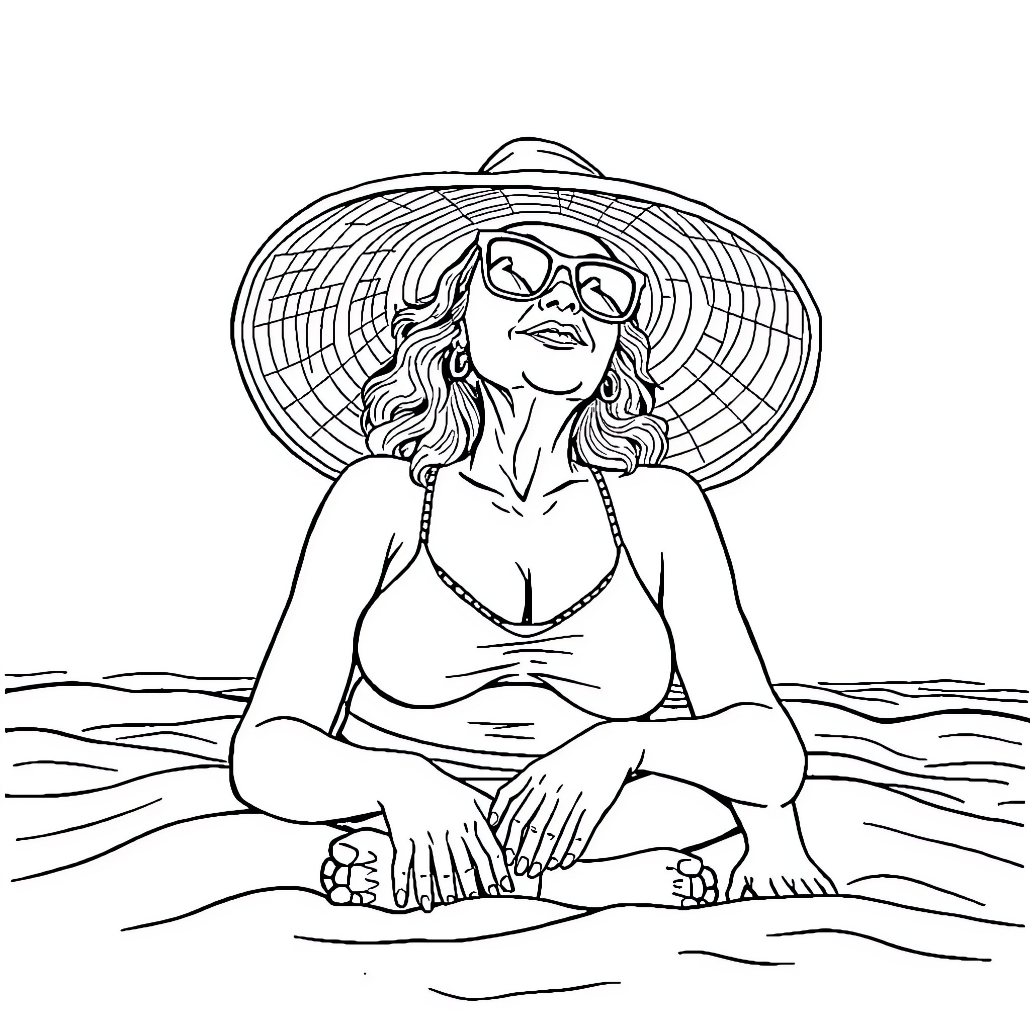 Mom relaxing in the sun on the beach Coloring Page (free black-and-white line drawing printable PDF for all, from beginners to advanced learners, including children, teens, adults, and seniors)