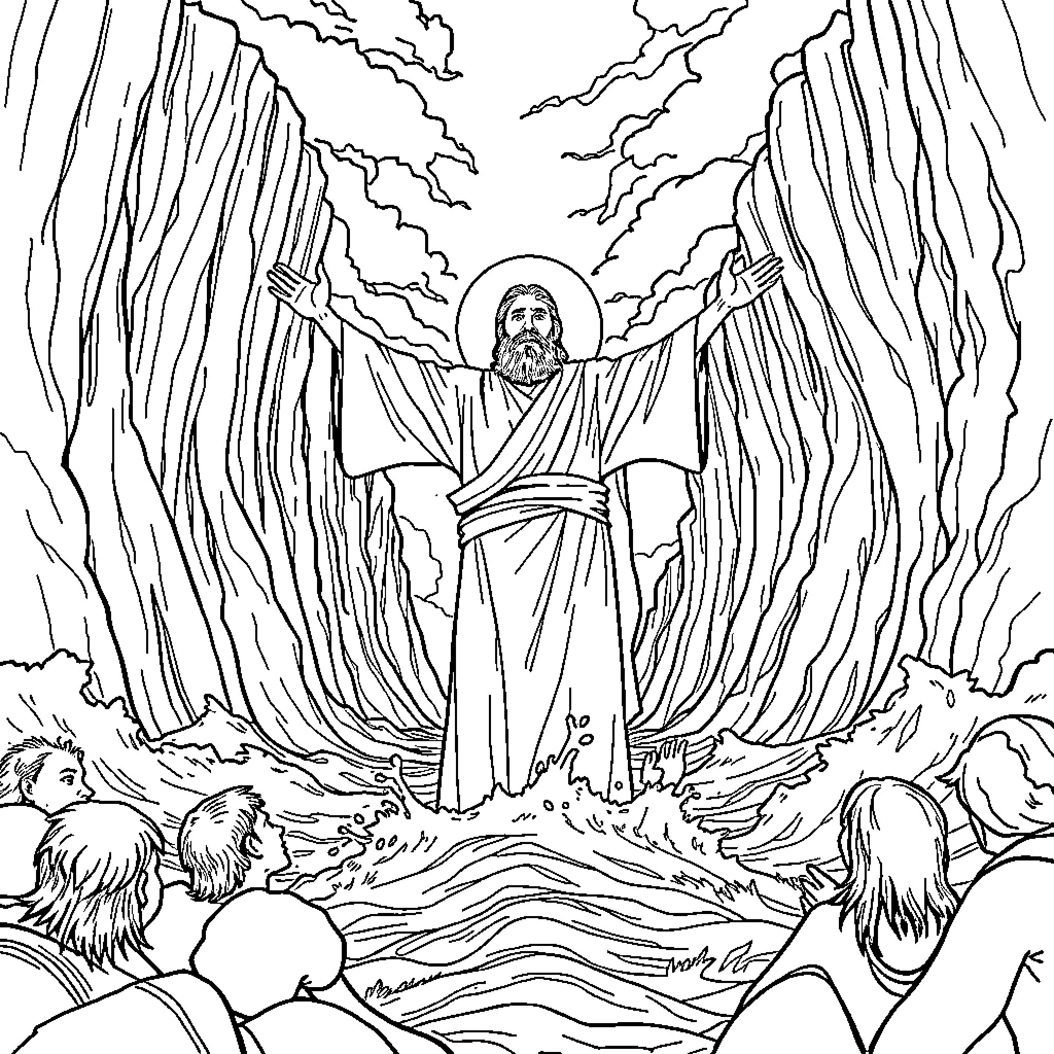 Moses Delivering the Commandments with Majestic Presence Coloring Page (free black-and-white line drawing printable PDF for all, from beginners to advanced learners, including children, teens, adults, and seniors)