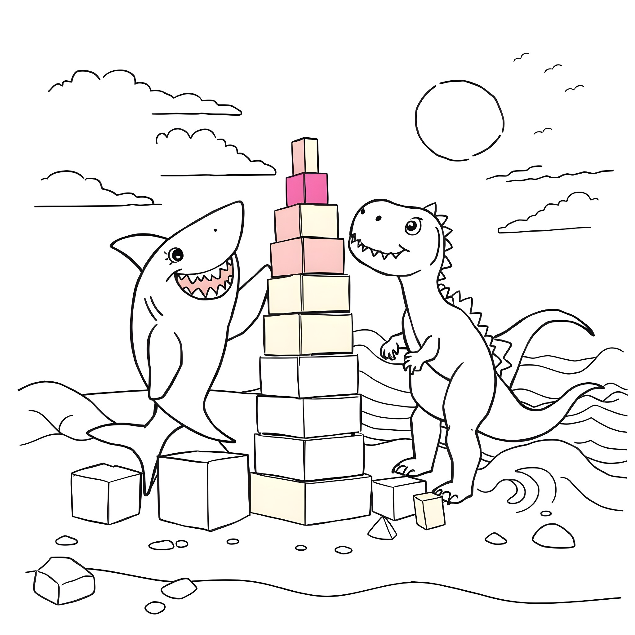 Sharks building a tower of cubes Coloring Page (free black-and-white line drawing printable PDF for all, from beginners to advanced learners, including children, teens, adults, and seniors)