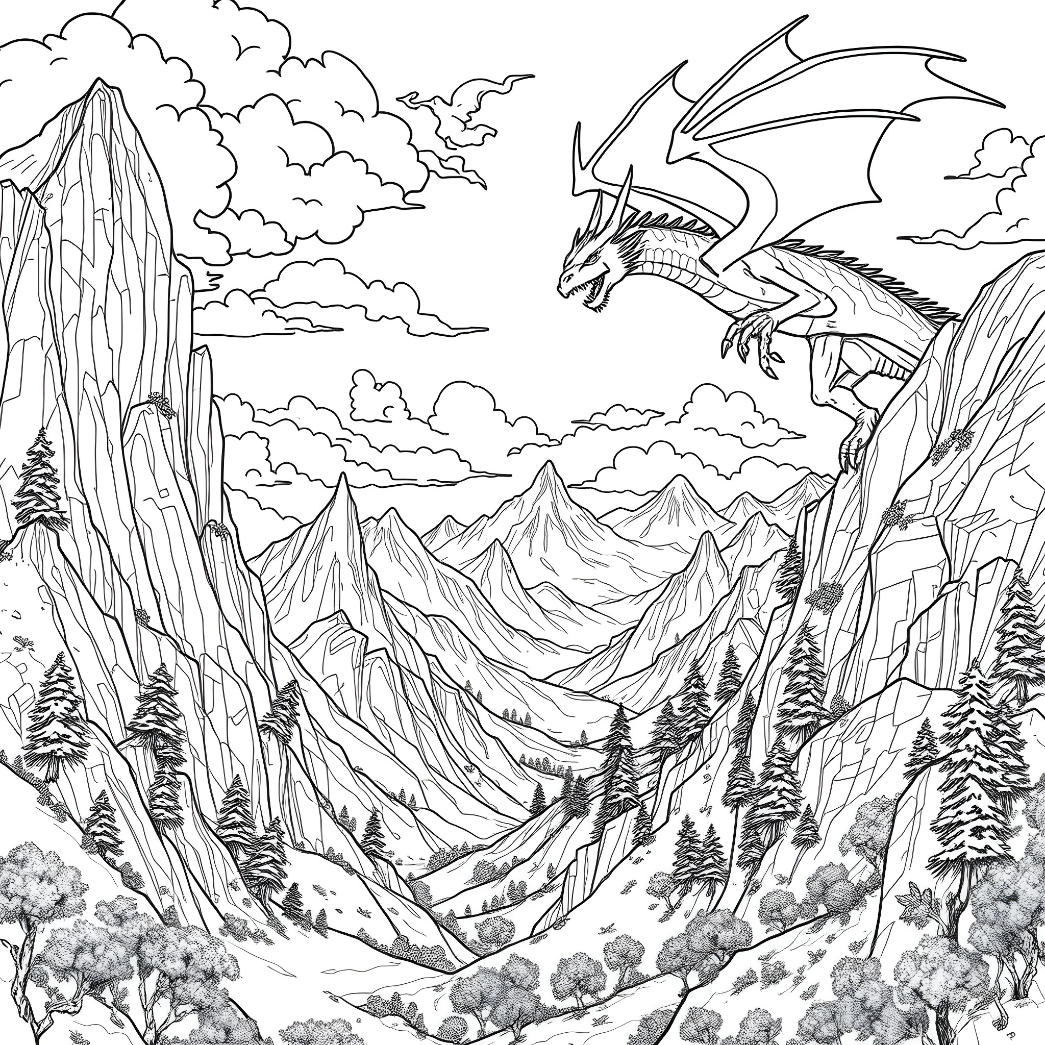 Dragon soaring over a majestic mountain landscape Coloring Page (free black-and-white line drawing printable PDF for all, from beginners to advanced learners, including children, teens, adults, and seniors)
