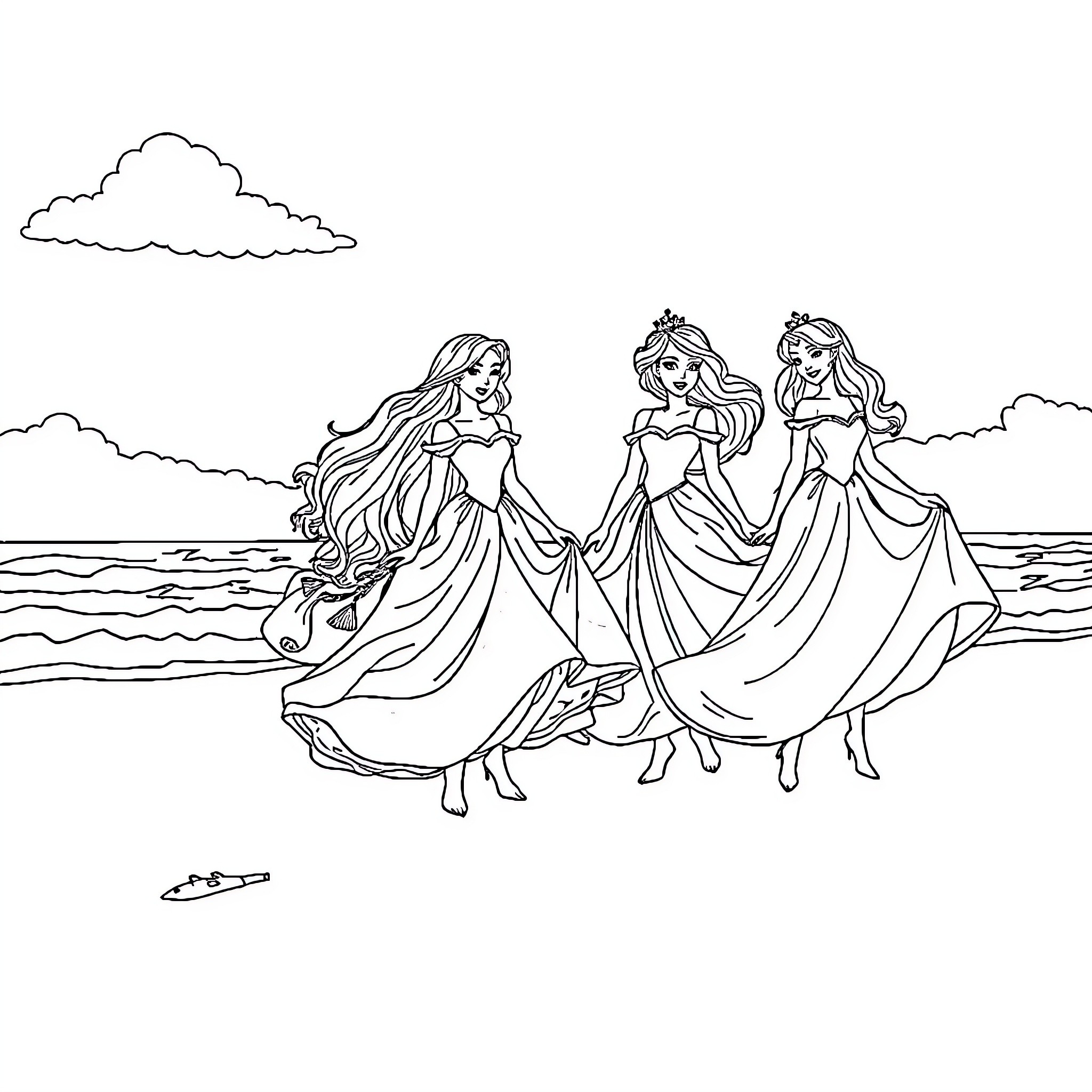 Princess trio dancing by the sea Coloring Page (free black-and-white line drawing printable PDF for all, from beginners to advanced learners, including children, teens, adults, and seniors)